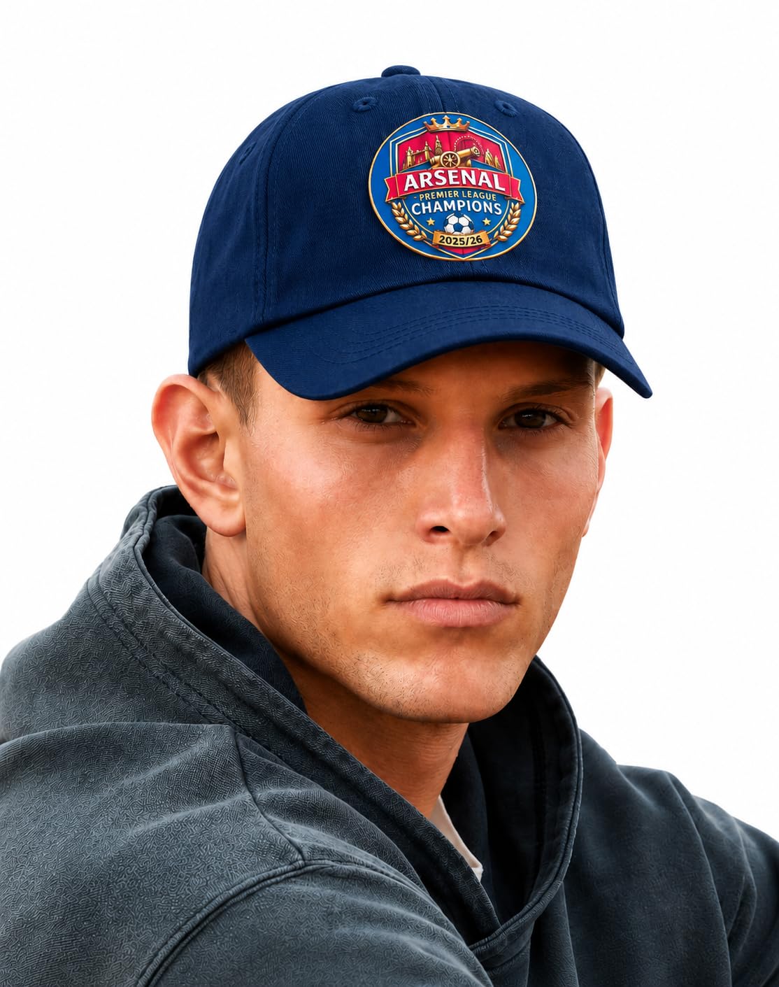 4SP® Arsenal Premier League Champions 2025/26 Logo Dad Cap, Organic Cotton, HTV Print Design, 6cm Diameter Logo, Adjustable, Unisex, Baseball Cap Navy.
