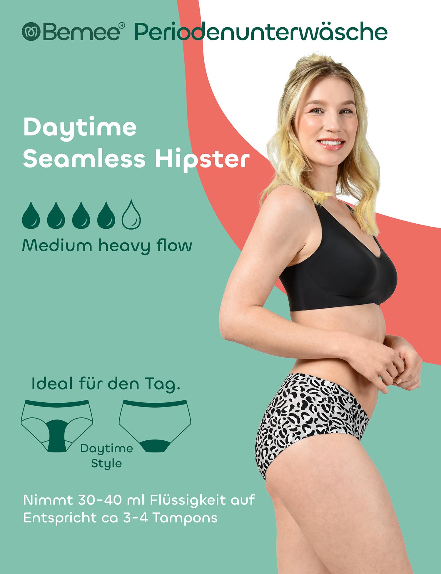 BeMee Nahtlose Perioden-Unterwäsche für Sport und diskreten Schutz I Seamless Hipster I Menstruationsslip aus Oeko-Tex® zertifiziertem Nylon (Größe XS bis XXL)