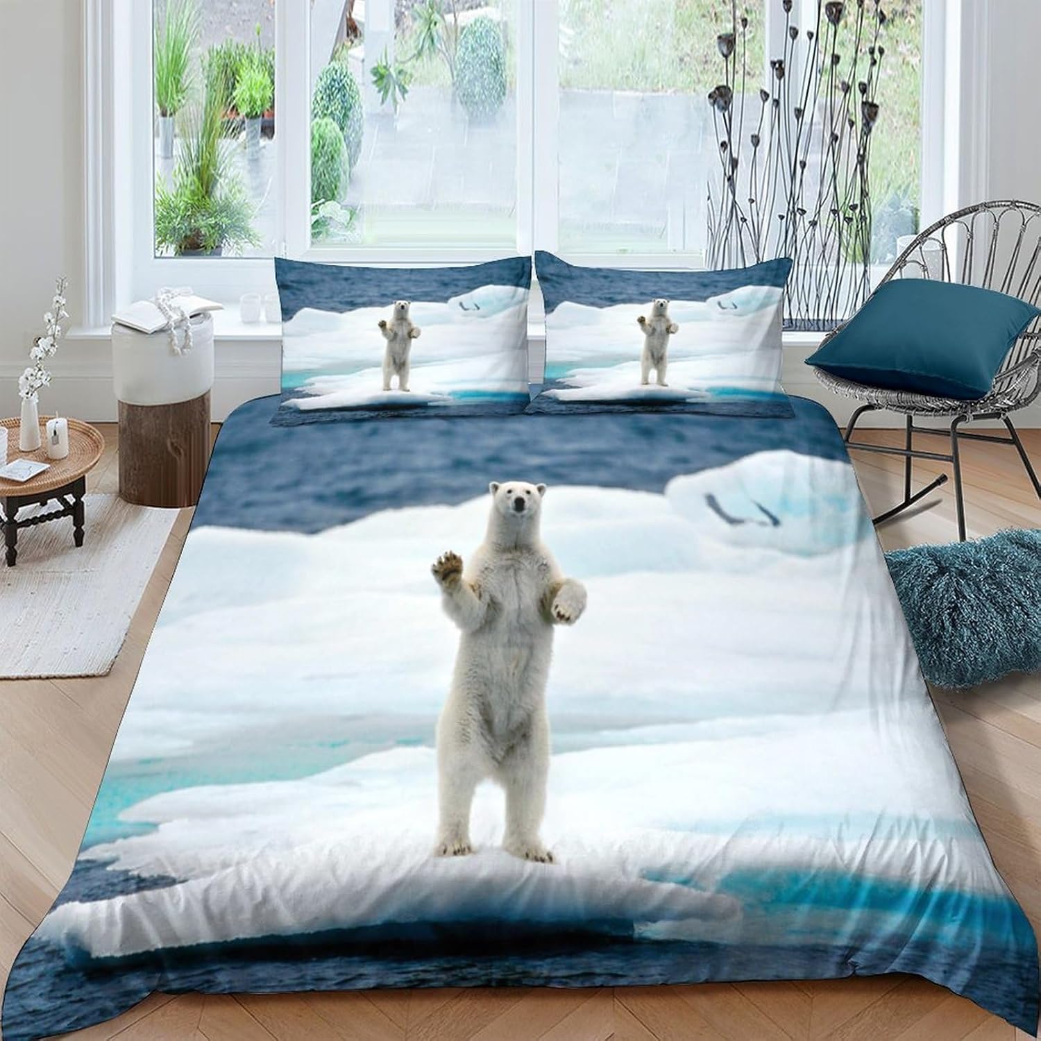 Parure de lit ours polaire 200x200 cm avec housse de couette 3D et taies en microfibre douce