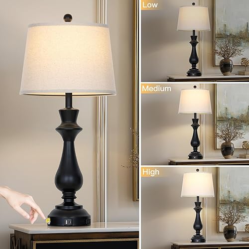 Vista 6 de Modern Black Table Lamps Set of 2 for Living Room,30" Tall Bedside Lamp with USB Charging Port,3-Way Dimmable Touch Nightstand Lamp for Bedroom Desk