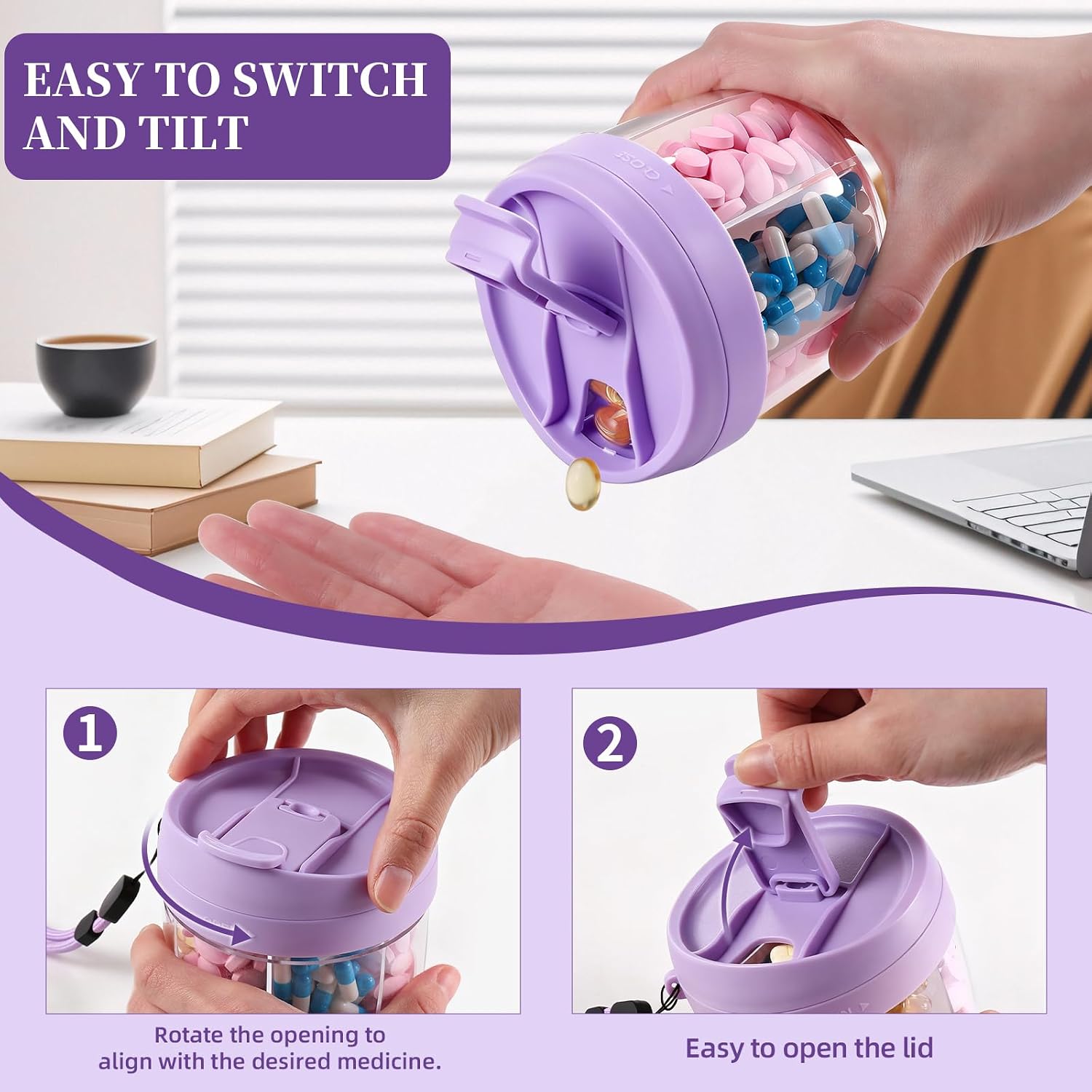 Pill Organizer,Travel Essentials Pill Container, Travel Pill Dispenser with Purple Lid，Pill Case Having 7 Large Compartments,Vitamin Organizer for Home Organization,Travel Containers