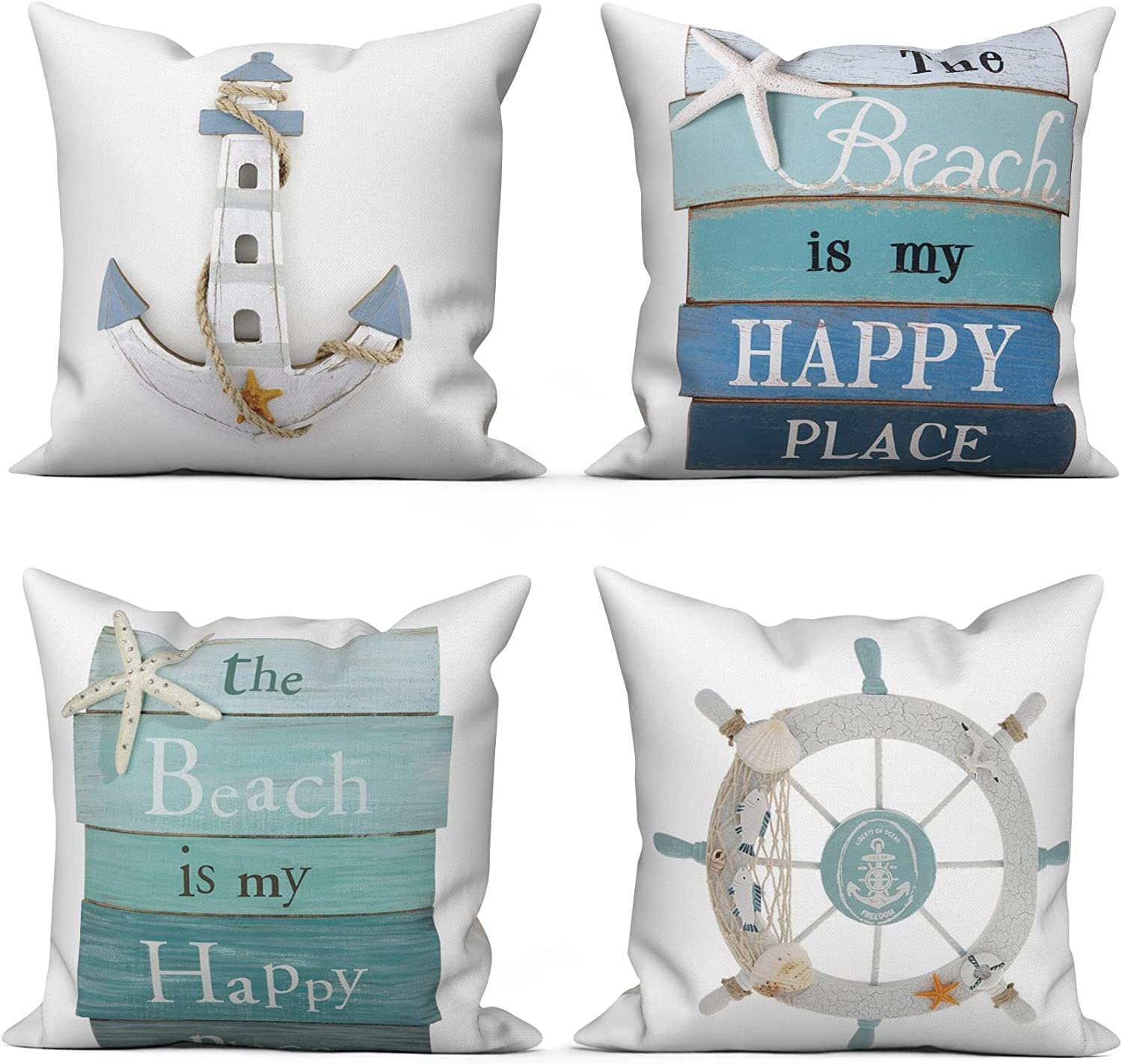 ASDCXZ 4er Set Maritim Kissenbezug 50x50 cm, Maritim Anker Seekompass Sandstrand Weiß Sofa Dekokissen Kissen Bezug Kissenbezüge Kissenhülle Waschbar Polyester Leinen Textil Polster Kopfkissenbezug Küche, Haushalt & Wohnen