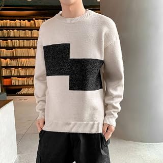 FJIAOXINPONG Men'S Round Neck Pullover Contrast Color Sweater - Fall Winter Fashion Lazy Thick Warm Sweater,Casual Round Neck Comfortable Bottoming Shirt Thick Jumper Sweaters Top