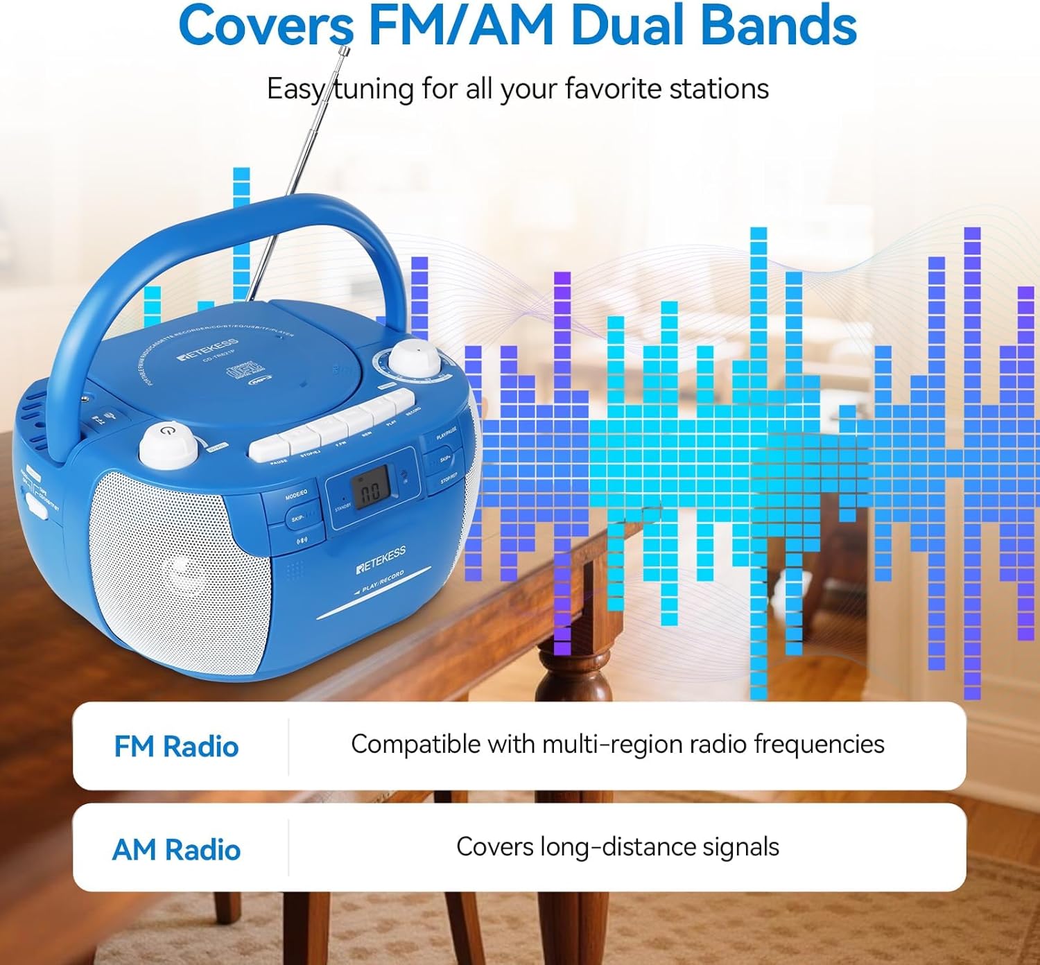 Retekess TR604 AM FM Radio, Portable Radio and Retekess TR621P CD Player Boombox, Wireless, AM/FM Radio, Remote Control, Stereo Sound, Tape Recording, USB/TF, AC/D Battery Powered for Home