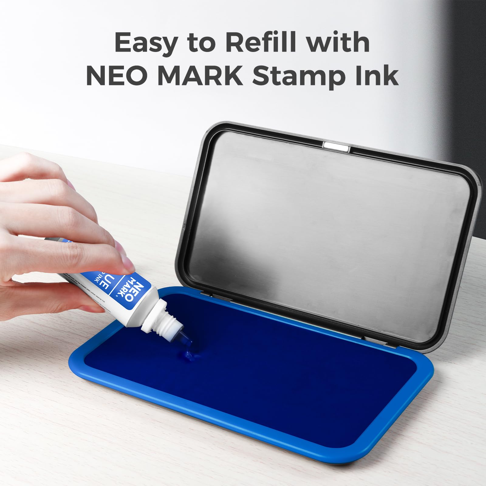 NEO MARK Kit de almohadillas de sello azul grande (tinta de 1 onza incluida), innovador diseño de tapa magnética, almohadilla de fieltro de alta calidad para oficina y hogar, 3.50 x 6.25 pulgadas