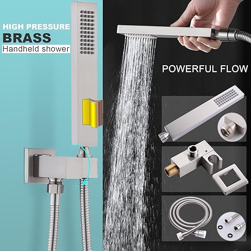 Miniatura 22 de Enga Sistema de ducha de lluvia de oro cepillado con chorros corporales, sistema de chorros de ducha de lluvia de 12 pulgadas, juego de grifo de Oro