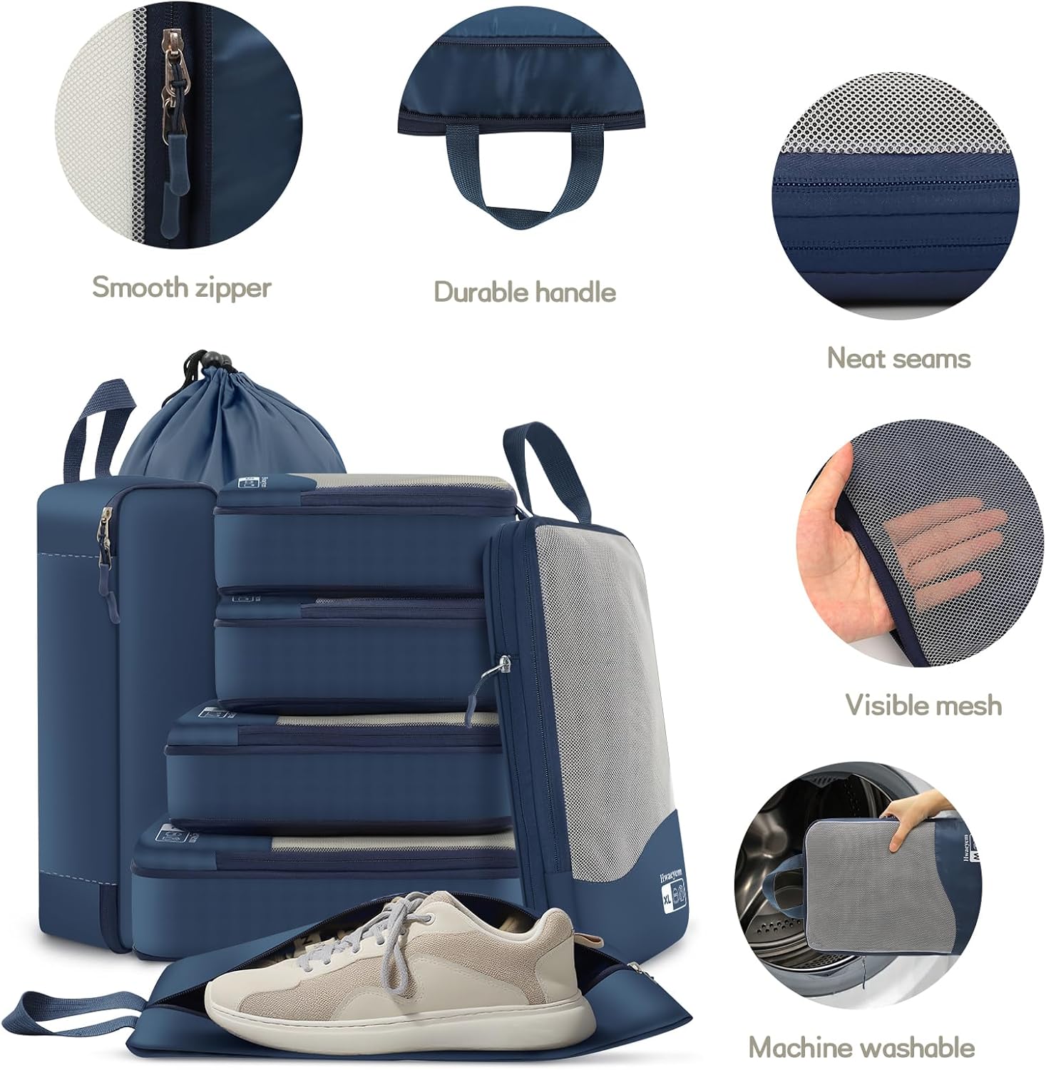 Compression Packing Cubes 8 Set, See-Through Mesh Compression Packing Cubes Travel for Carry on Women/Men, Dual Zipper Packing Bags for Suitcases, Luggage and Backpacks (Navy Blue) 8 Set Navy Blue image 7 of 9 B0FGCPP1CH