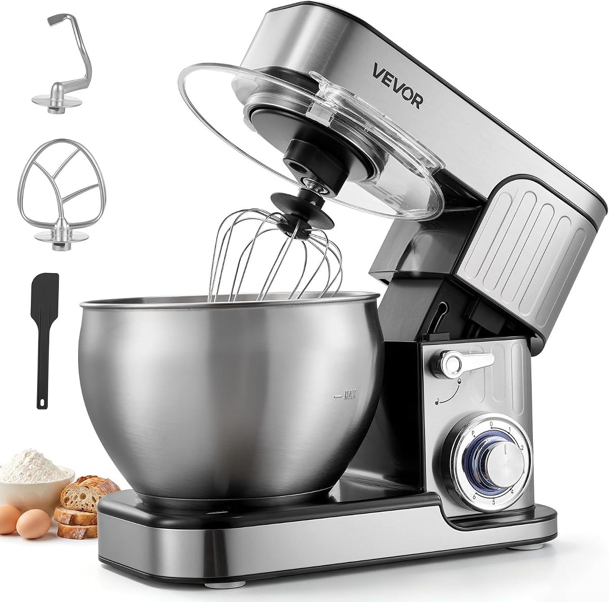 VEVOR Batidora de pie con cabezal inclinable de 7,4 cuartos de galón, batidora de masa eléctrica de 500 W, 6 velocidades con batidora de cocina con tazón de acero inoxidable, protector contra salpicaduras, gancho para masa, batidor, batidor, para mezclar hornear