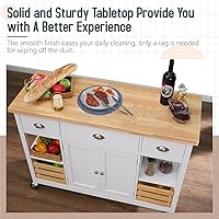 Vista 6 de MFSTUDIO Isla de cocina rodante sobre ruedas, carrito de cocina móvil de 47 pulgadas con estantes abiertos, mesa de madera de caucho, cajones, islas