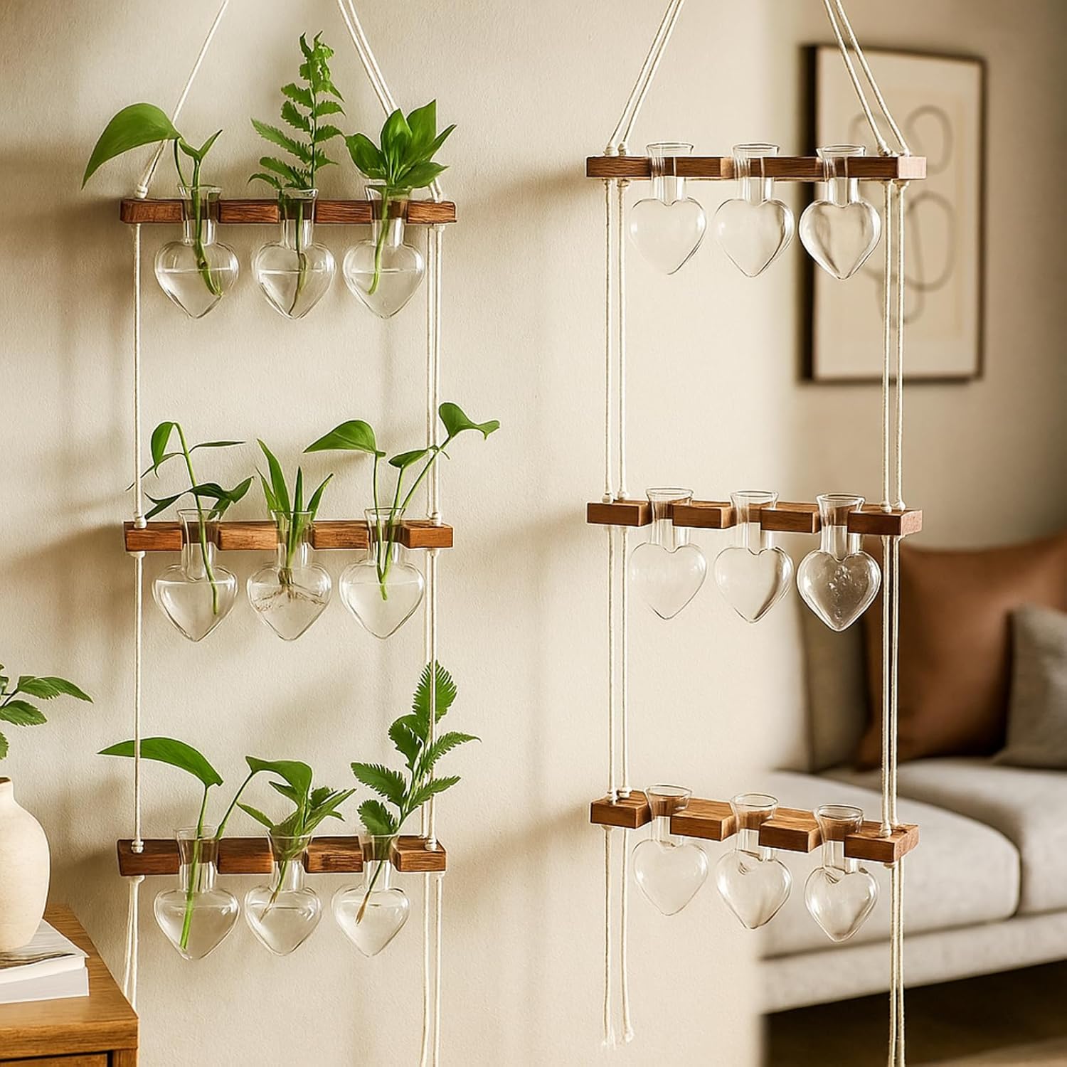 Leinuosen Wall Hanging Plant Propagation Stations Valentines Gifts for Her Plant Lovers 3 Tiered 9 Heart Shaped Glass Vases Terrarium with Wooden Stand for Hydroponics Indoor Home Decor(Clear)