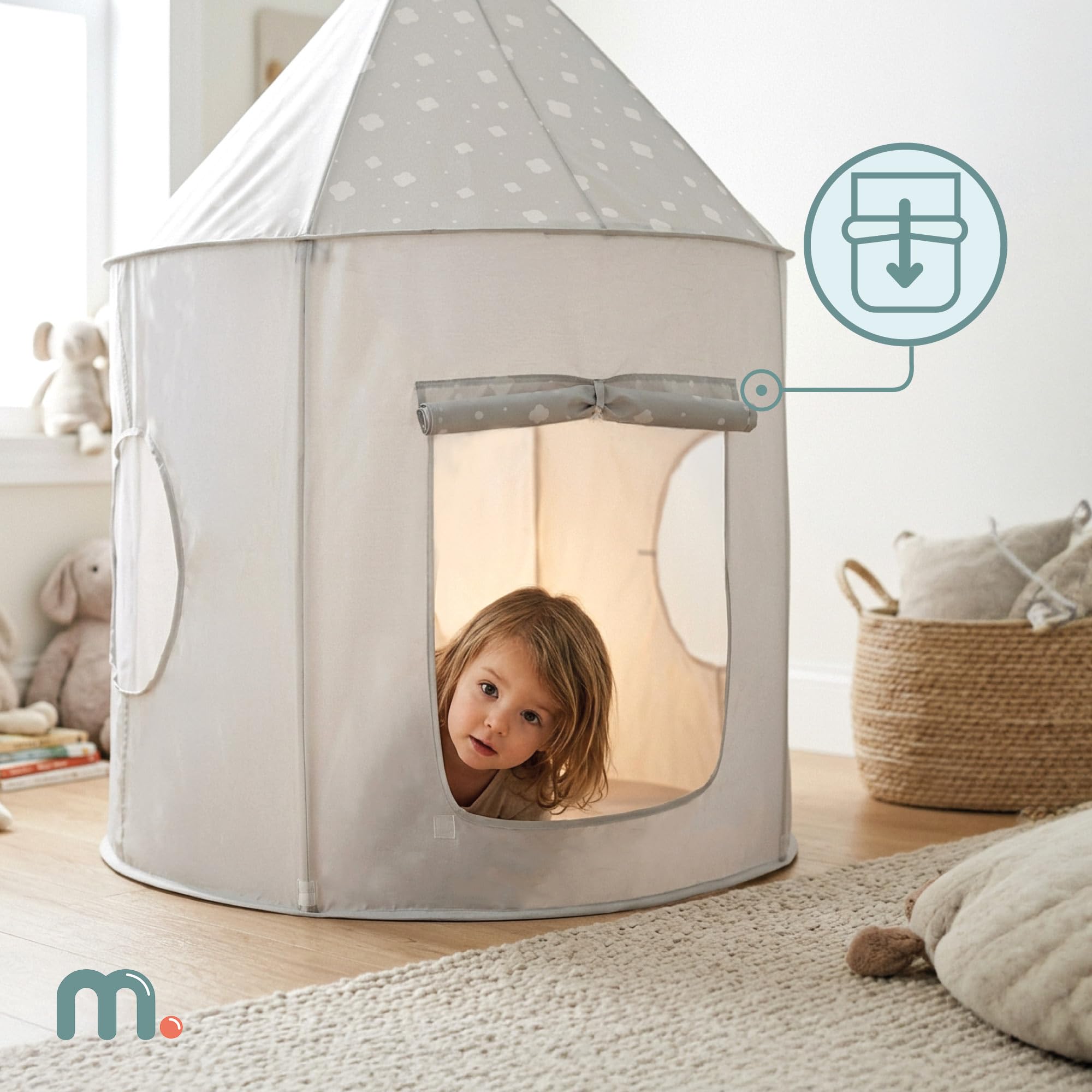 Mamabrum Spielset 3-in-1 Zelt Schloss mit Tunnel und Ballbecken, Faltbarer Spielplatz für Haus und Garten, Grau mit Weiß, Polyester, Metall, 50 x 60 x 100 cm
