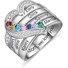 JewelOra Personalized Sterling Silver Mother Rings with 1-8 Names Birthstone Rings for Women Mom Custom Heart Promise Rings Customized Gifts for Mothers Day Christmas