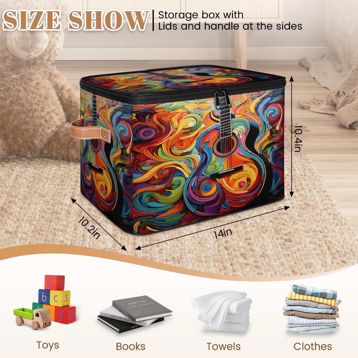Storage Bin Set of 2 Abstract Guitar Storage Basket with Zipper Lid & Handle Foldable Closet Shelf 2 Pack Cloth Organizer Basket Cube Bins Clothes Organizer for Nursery, Bedroom