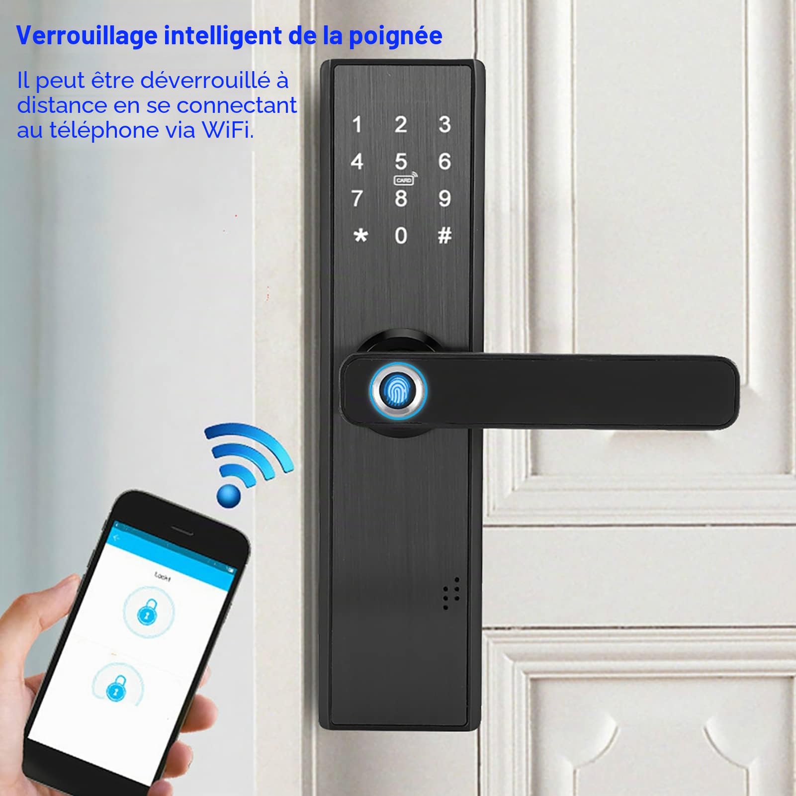 Serrure Intelligente Numérique Biométrique WiFi - Écran Tactile, Mot de Passe et Carte à Puce - Clé de Sécurité Inclus