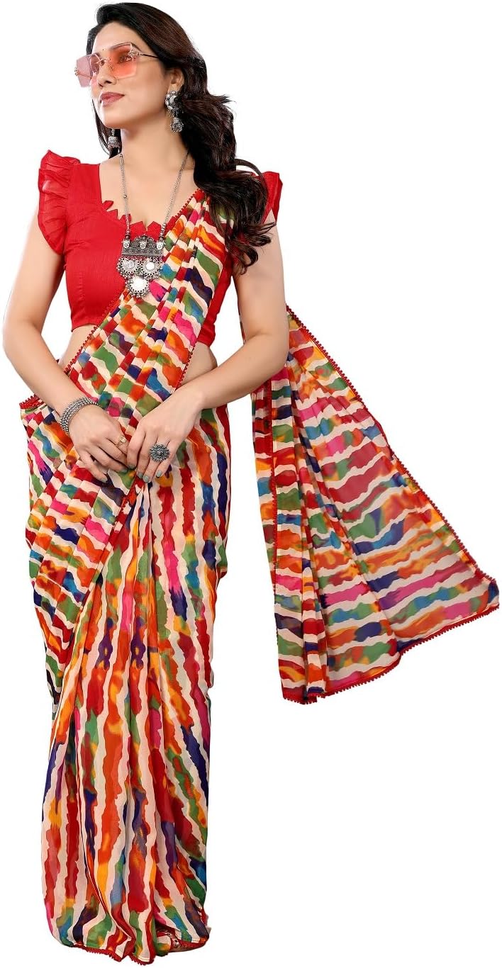 RAJESHWAR FASHION WITH RFWomen's Georgette Farewell Sarees For Ladies & Girls With Lace Border & Blouse