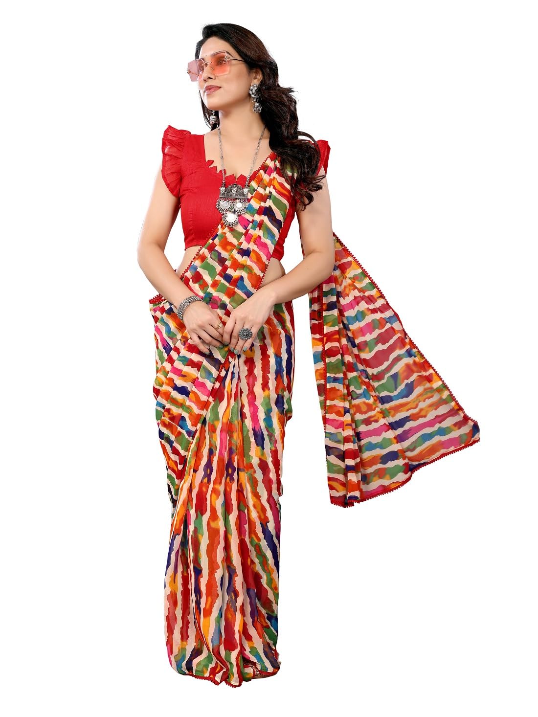 RAJESHWAR FASHION WITH RFWomen's Georgette Farewell Sarees For Ladies & Girls With Lace Border & Blouse