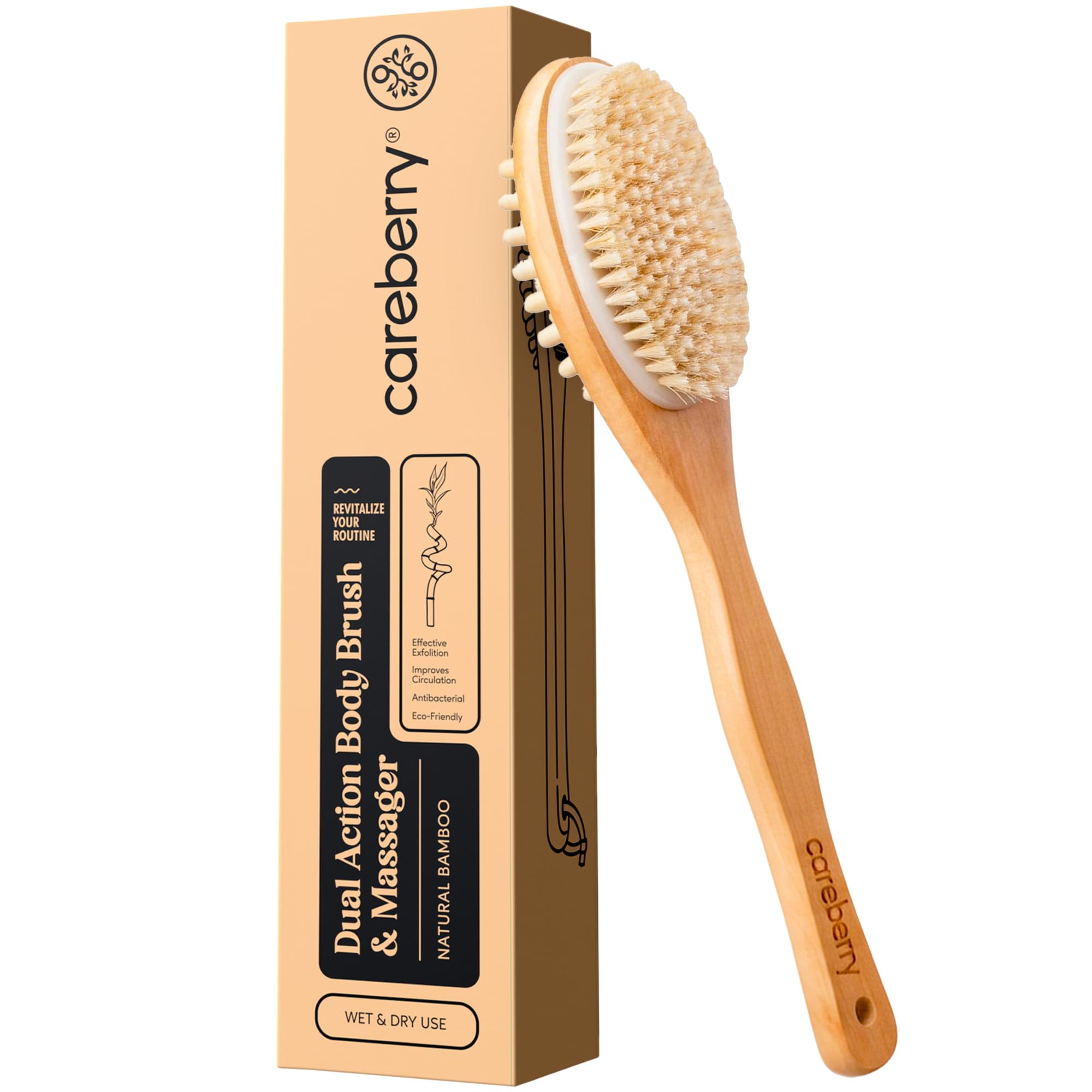 Careberry Dry Brushing & Massaging Body Brush - Eco-Friendly Exfoliating Body Scrubber with Long Handle for Cellulite Reduction, Lymphatic Drainage, and Skin Health - Wet & Dry Use (1 Pk)