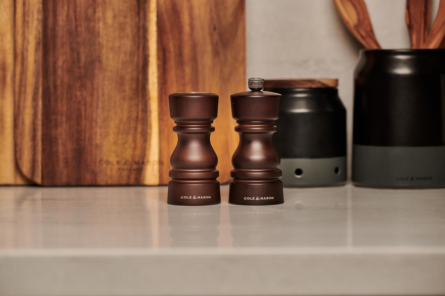 Cole & Mason London Wooden Shaker Gift Set - Refillable Salt & Pepper Grinder with Adjustable Grinding Mechanism - Chocolate Wood, 5" Salt & Pepper Gift Set