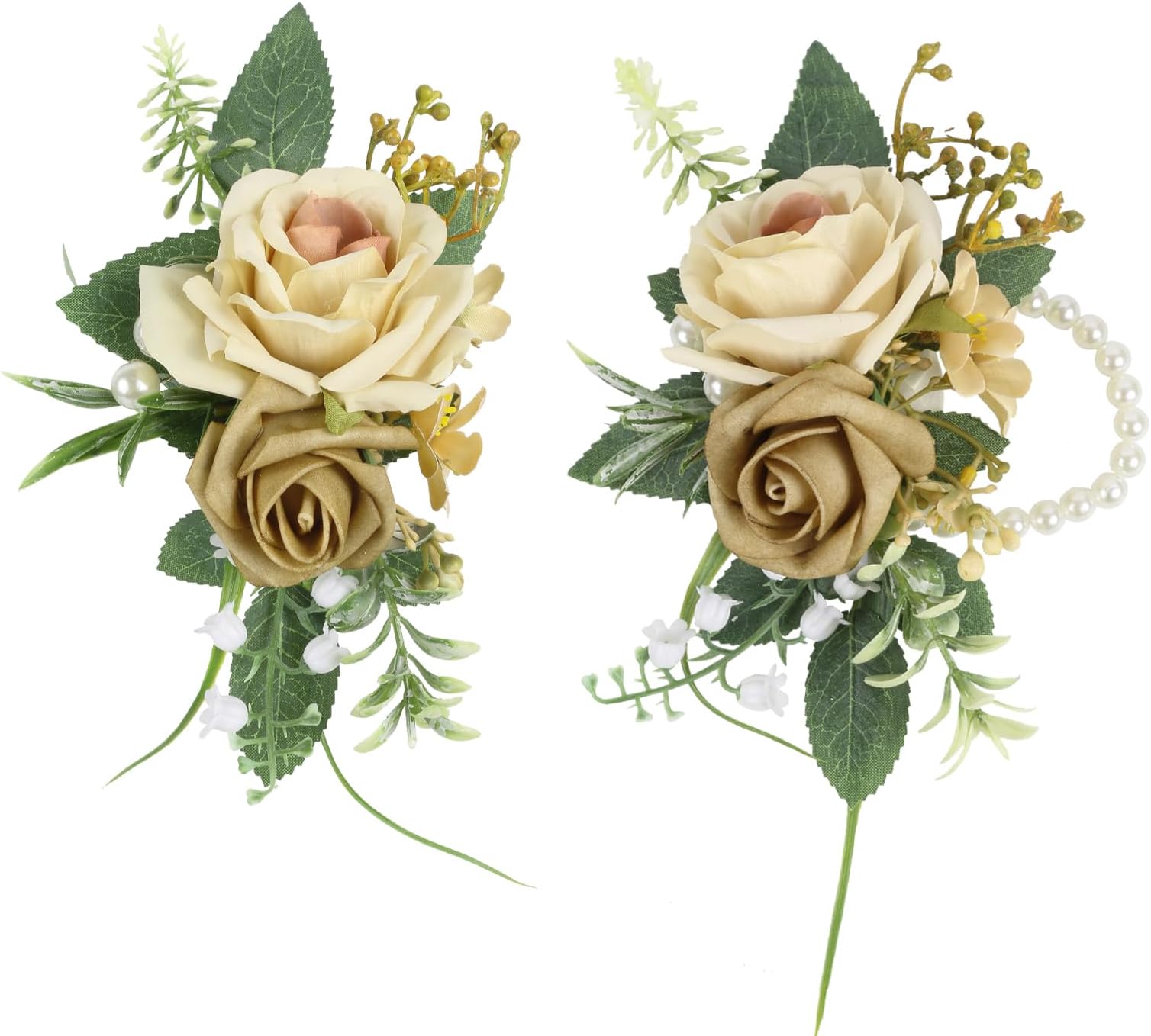 IPOPU Wrist Corsage and Boutonniere Set Beige Rose Wristlet Decor Artificial Corsage Flowers for Prom Wedding Anniversary Baby Shower Decorations (Beige)