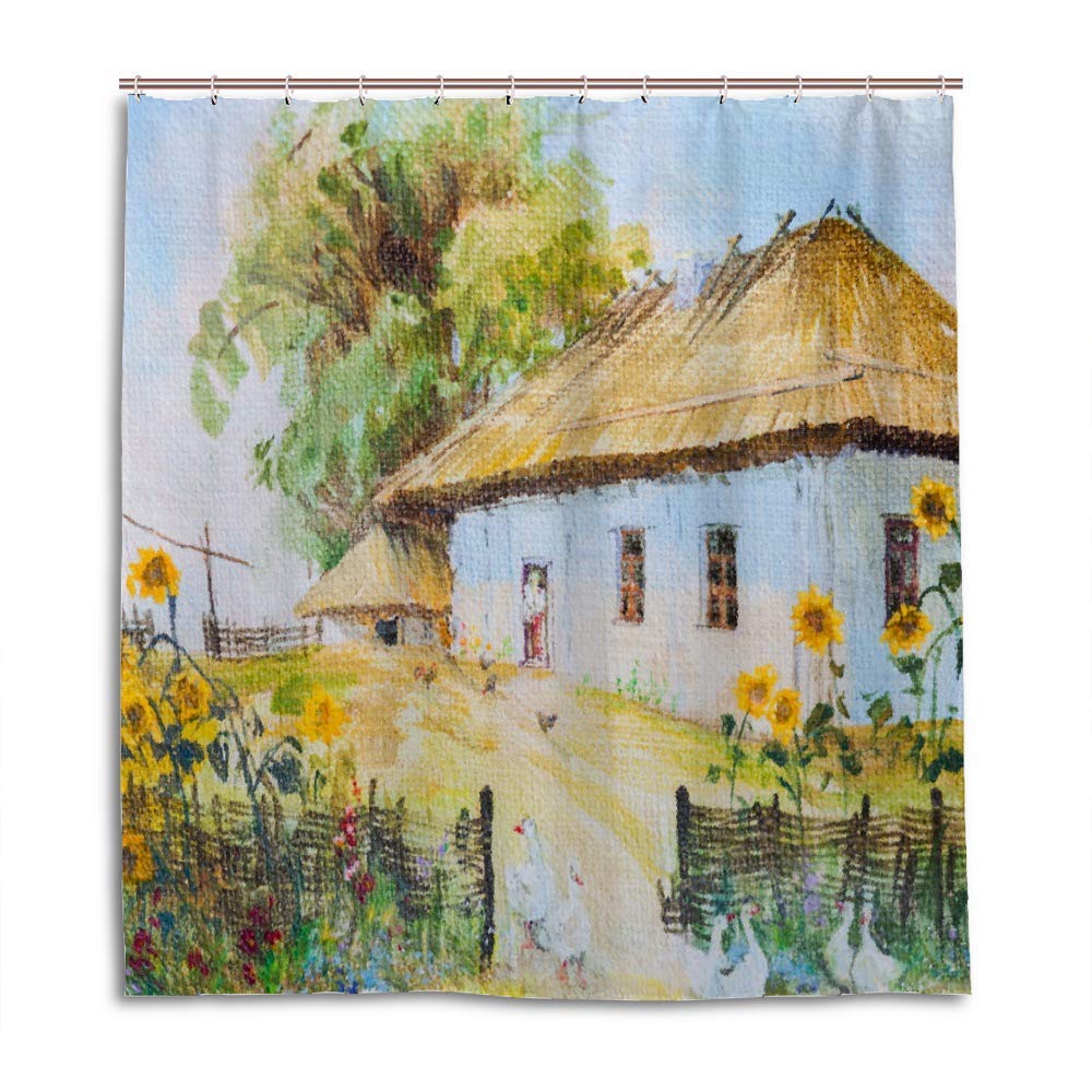 Rideau de douche polyester paysage rural lavable avec crochets 183x183cm