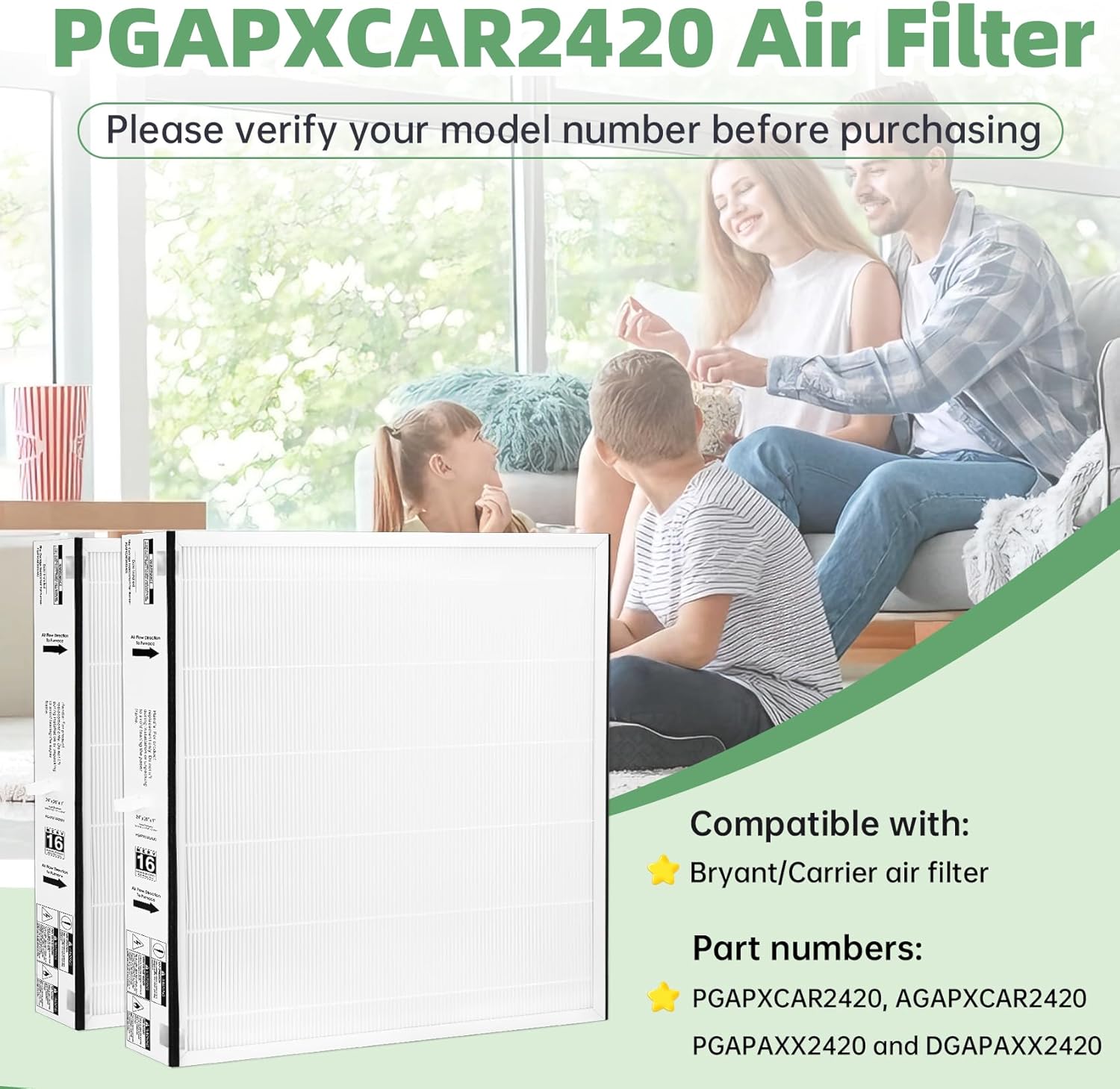 PGAPXCAR2420-a02 Air Filter, 24 x 20 x 3 MERV 16 Replacement Filter Compatible with Bryant/Carrier PGAPXCAR2420/AGAPXCAR2420 Air Purifier Systems, 2 Pack