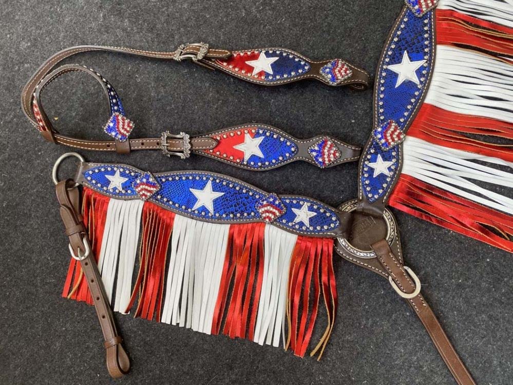 Showman Single Ear Leather Headstall & Breast Collar Set w/Patriotic Design, Average Full Size Horse