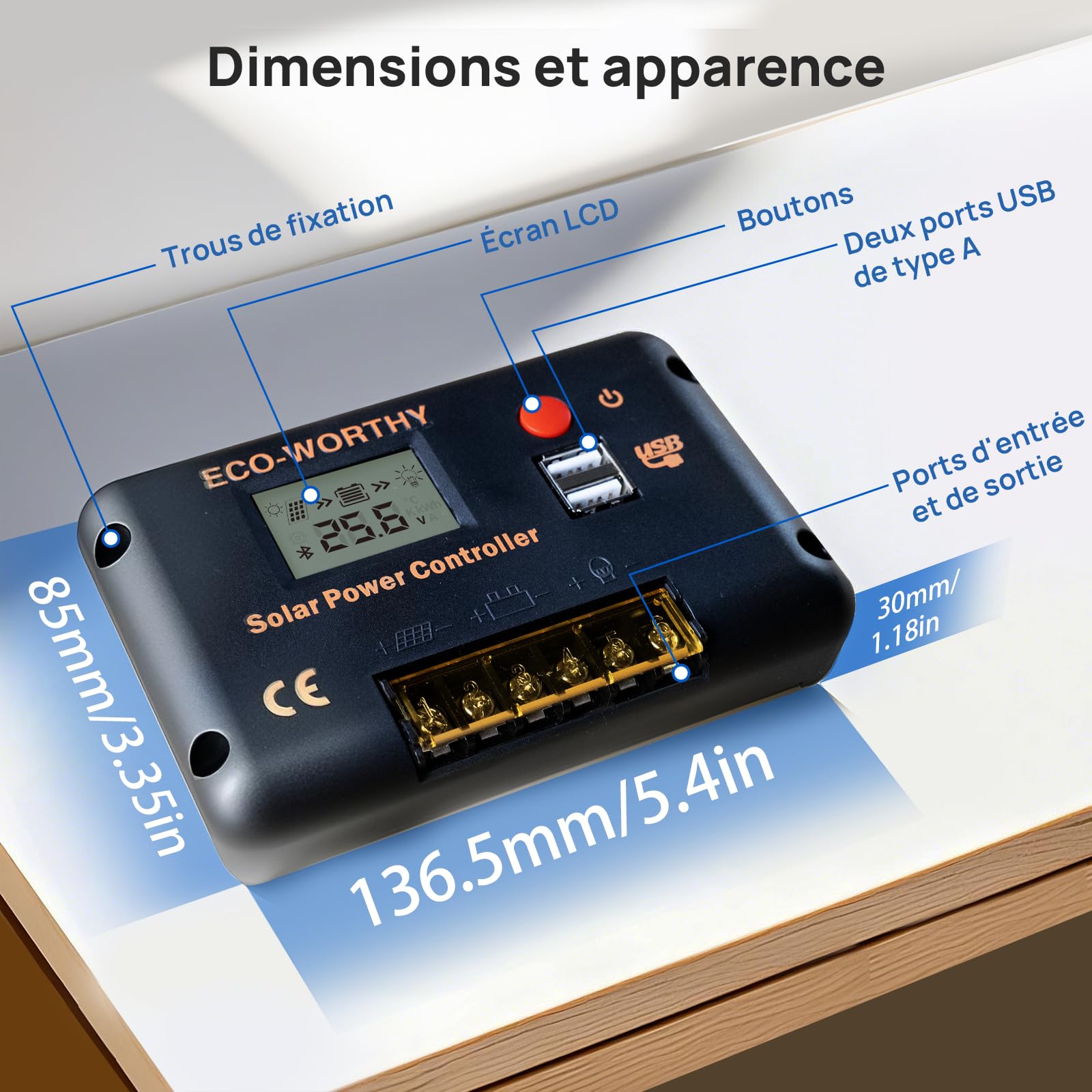 ECO-WORTHY Contrôleur de Charge solaire 30 A pour Panneaux Solaires et Batteries, Contrôleur Intelligent avec 2 Ports USB, PWM 12/24 V, Compatible avec les Batteries au Lithium, au Plomb et au Gel.