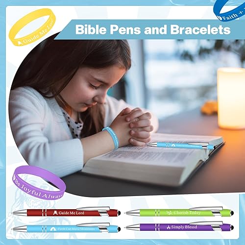 Miniatura 5 de Glenmal Juego de 24 pulseras de bolígrafos cristianos, regalos cristianos, bolígrafos de tinta negra, pulseras de goma de colores para niños,