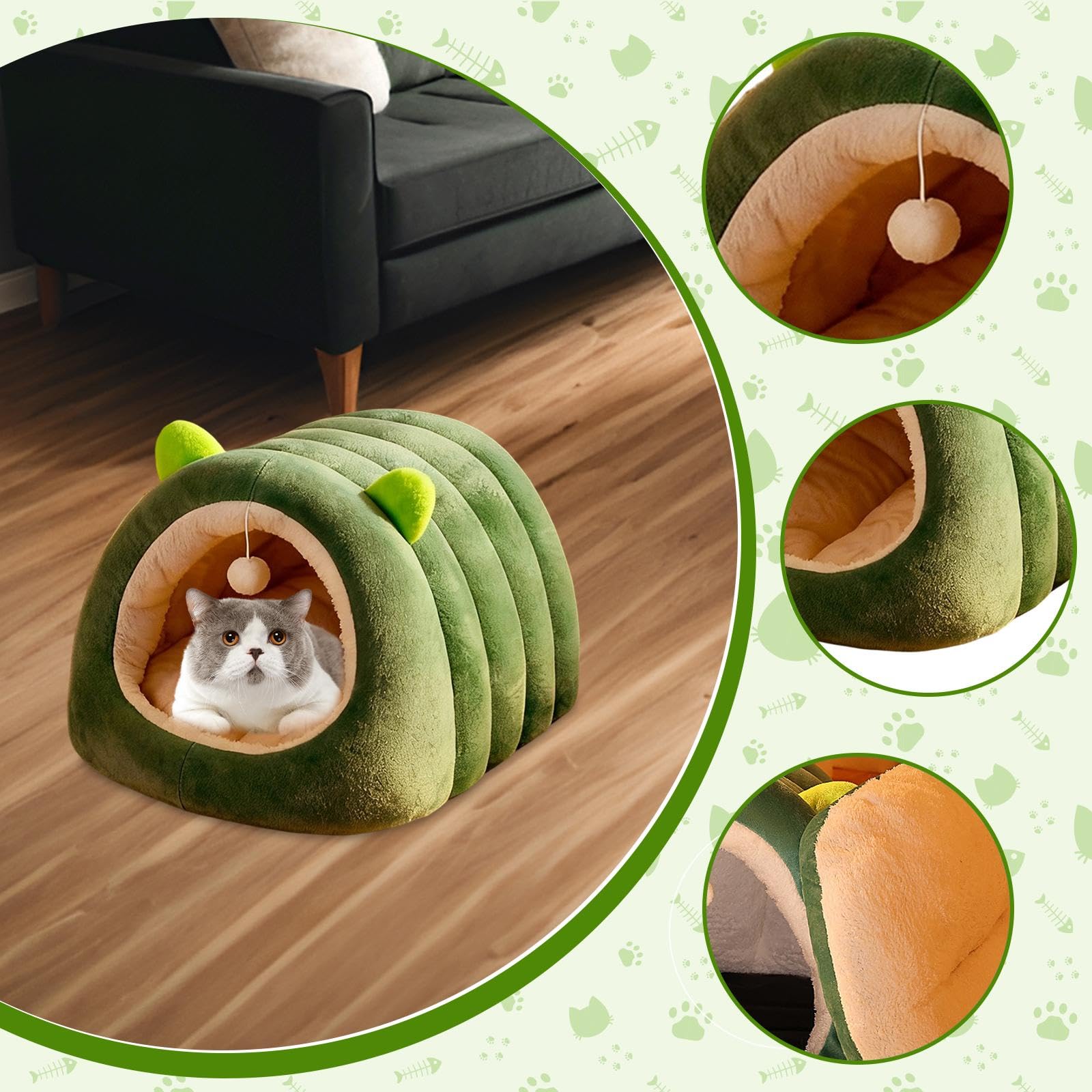 Cuccia per Gatti Chiusa, Calda e Accogliente, con Cuscino Rimovibile e Lavabile, mobiletto, Cuccia Rilassante per Gatti, Green M