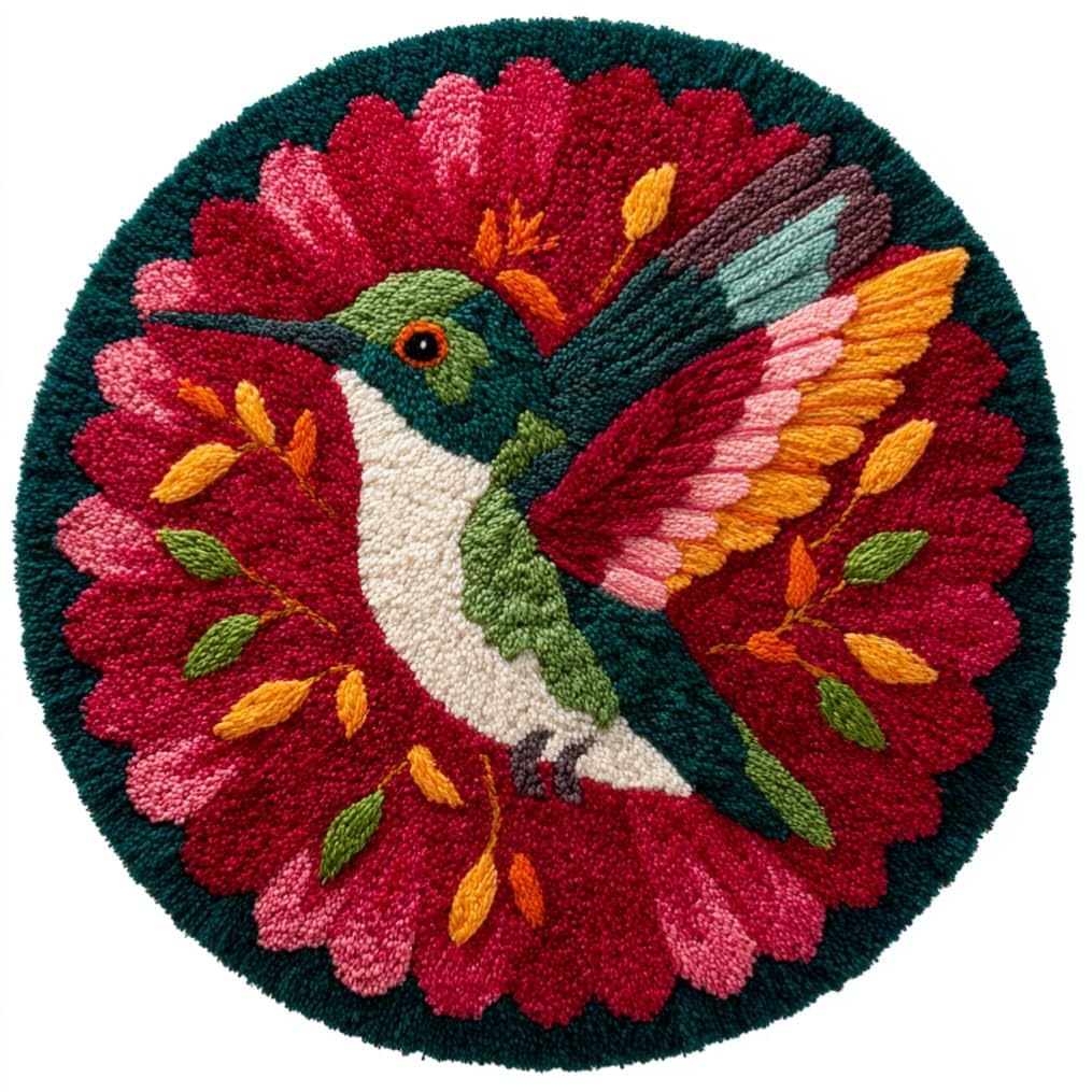 kitphoenix Round DIY Latch Hook Rug Kits Hummingbird 20X20Inch (50X50Cm) Easy for Beginners Round Carpet Crochet Yarn Craft Large Rug Hook and Latch Tapestry for Home Decor