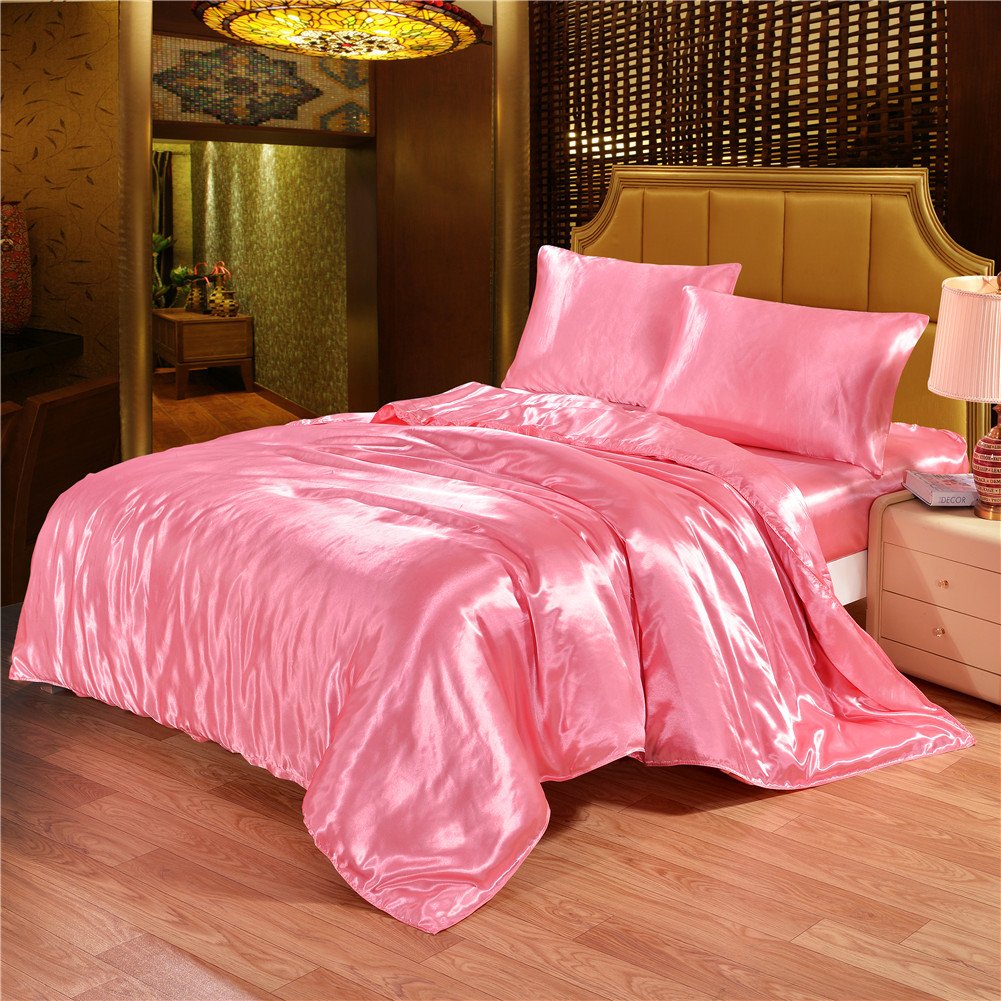 Good Night Bedding Pink Queen Duvet Cover Full Queen Size with Button Closure, Ultra Soft Silky Satin Comforter Cover (1 Duvet Cover with Button Closure & Corner Ties) 88X88 inches - Duvet Cover