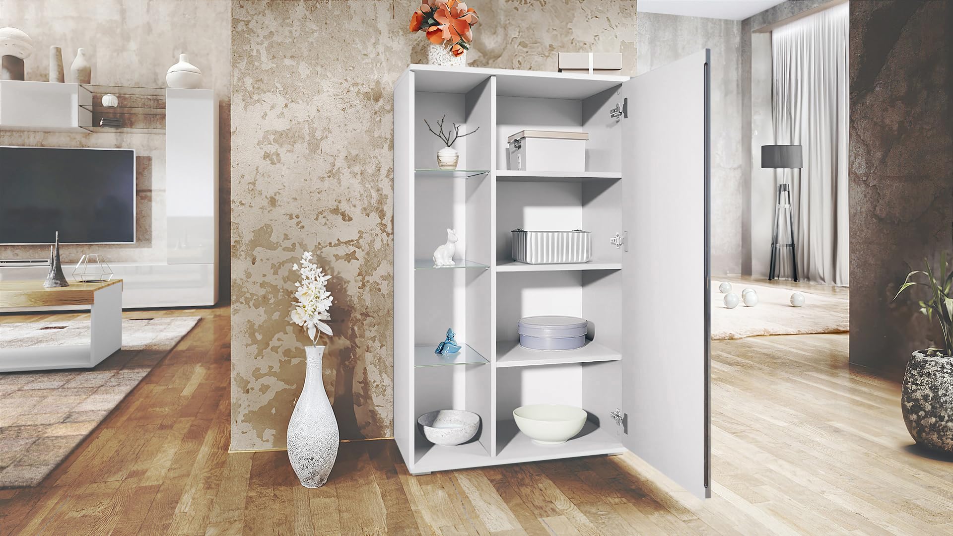 Vladon Vetrina Davos, vetrina indipendente con 3 ripiani in vetro e 8 vani incl. LED, bianco opaco/bordeaux lucido (71,5 x 134 x 35 cm)