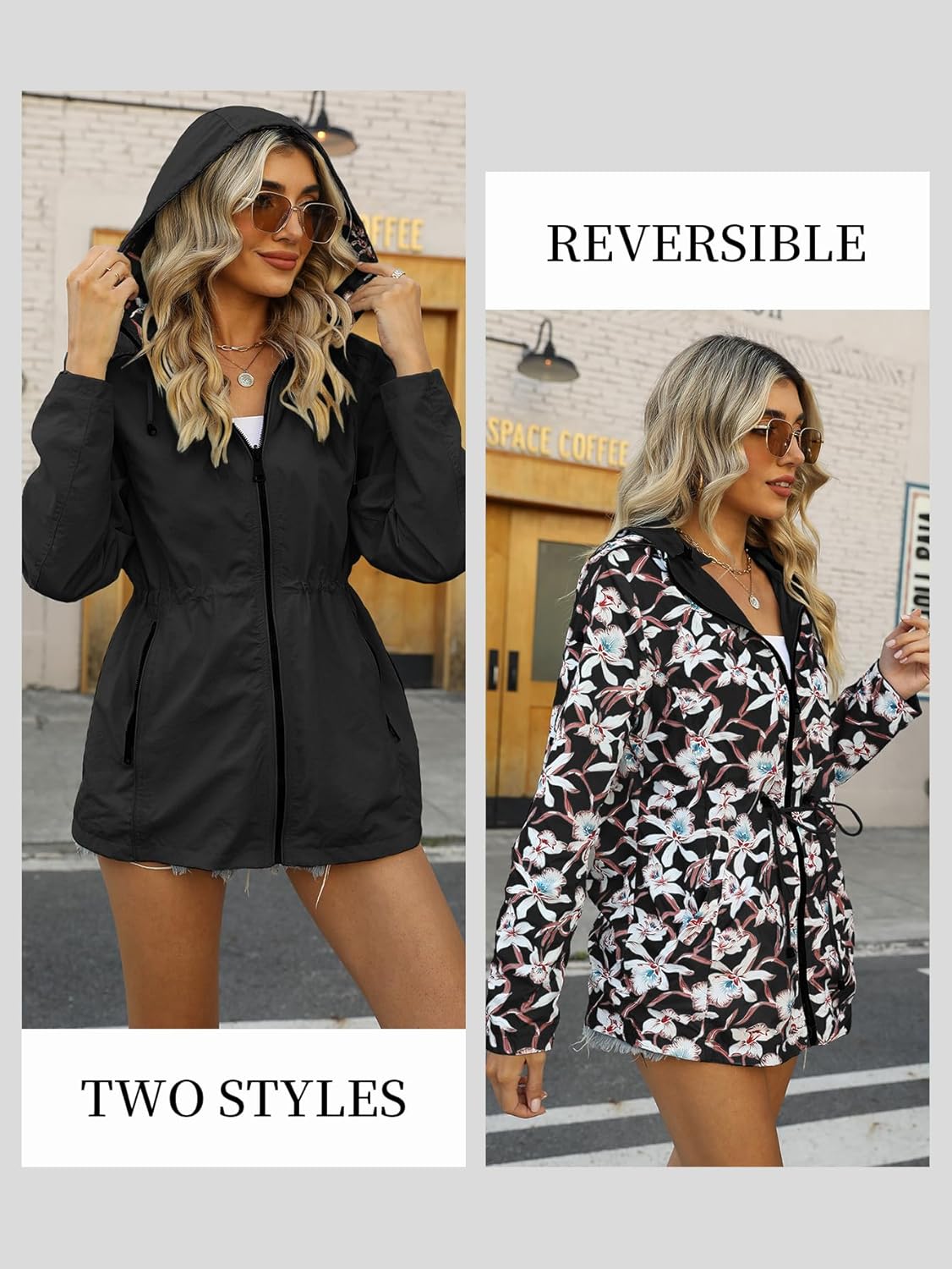 Bellivera Women Reversible Lightweight Jacket Casual Windbreaker Outerwear Waterproof Outdoor Printed Raincoat