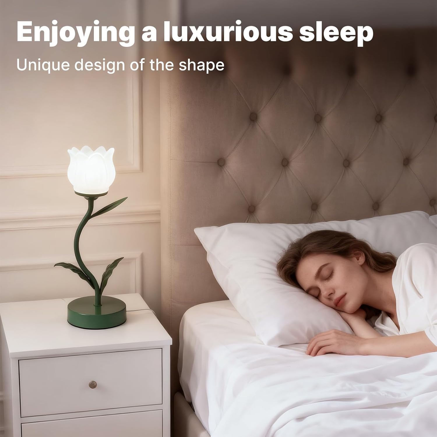 Flower-shaped table lamp, LED eye-protecting reading bedside retro night light, 3 color modes of cute bedside lamp decoration, living room and bedroom lighting table lamp home decoration (dark green)