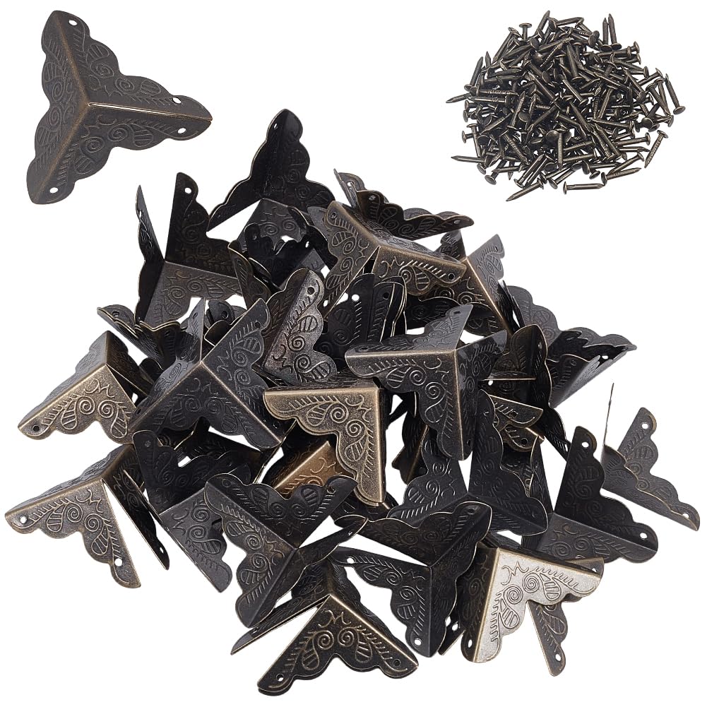 GORGECRAFT 50Pcs Metal Box Corner Protectors Edge Guard 26x26x34mm Furniture Table Corner Decorative Antique Bronze Angle Brace Cover with 200Pcs Nails for Jewelry Box Suitcase Chests Cabinet