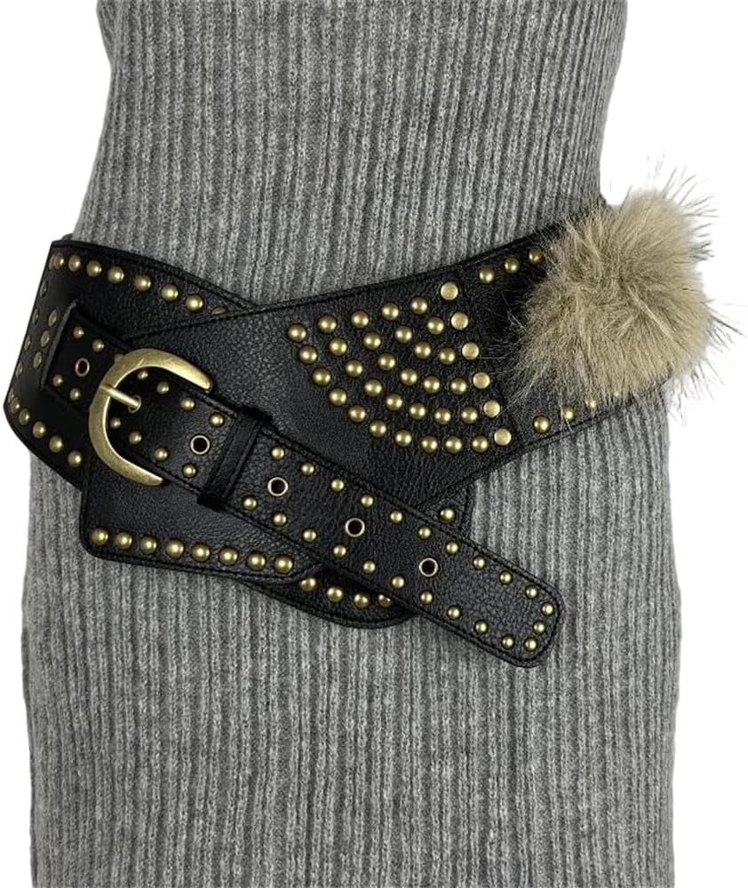 Women Punk Studded Belts Vintage Cowgirl Belt Metal Pu Gothic Furry Waistband For Night Club Dress