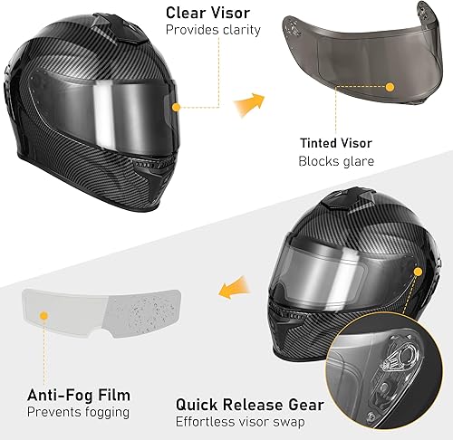 Miniatura 2 de Favoto Casco de motocicleta de cara completa con 2 viseras y película antivaho. Casco de bicicleta de calle aprobado por DOT para adultos, hombres y