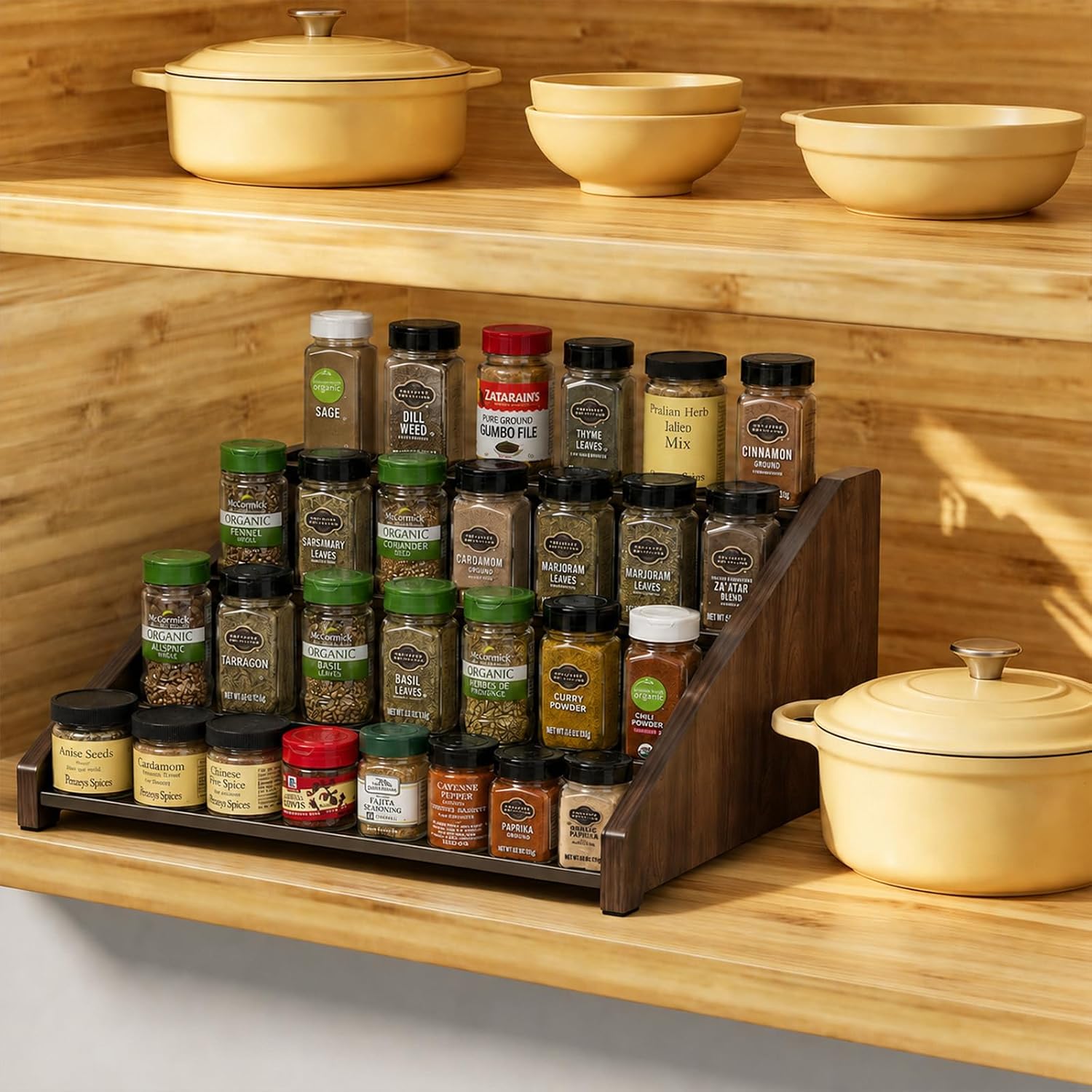 4-Tier Spice Organization for Cabinet, Adjustable Depth Spice Holder for Countertop, Cupboard, Pantry, seasoning organizer, Wood & Solid Metal