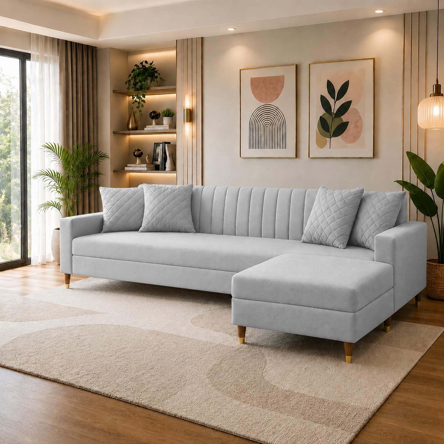 Casaliving Grejoy 4 Seater L Shape Convertible Sofa Set for Living Room, 3 Seater & Ottoman Modular Sectional Couch for Small Space (Grey) Colour Premium Velvet Fabric Sofa-image-15