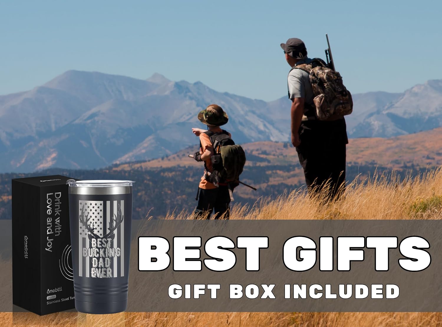 Onebttl Hunting Gifts for Men, Father's Day Gifts for Hunter Dad, Grandpa, 20oz Stainless Steel Tumbler, Spill-Proof Lid & Straw Included, Black - Best Dad Ever