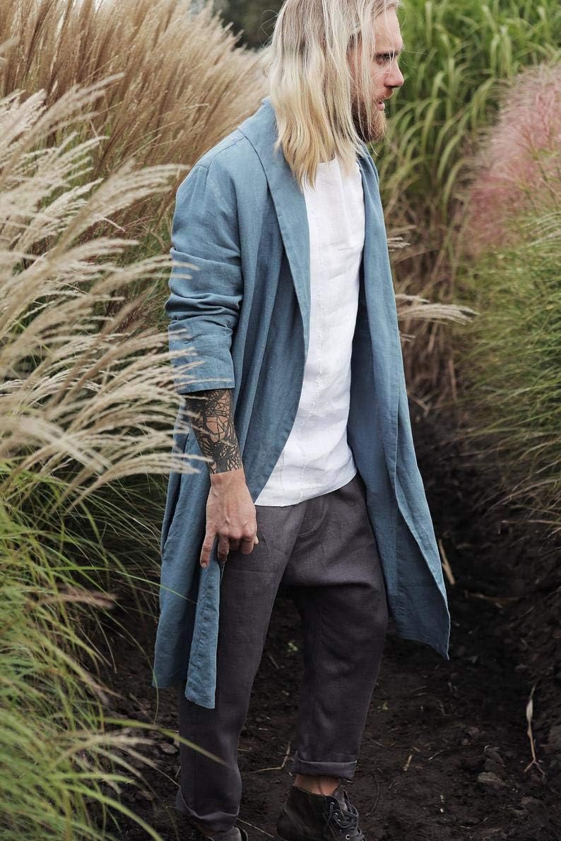 BlackFicus Mens Linen Robe 100% Linen Organic Clothing Beach Summer Robe