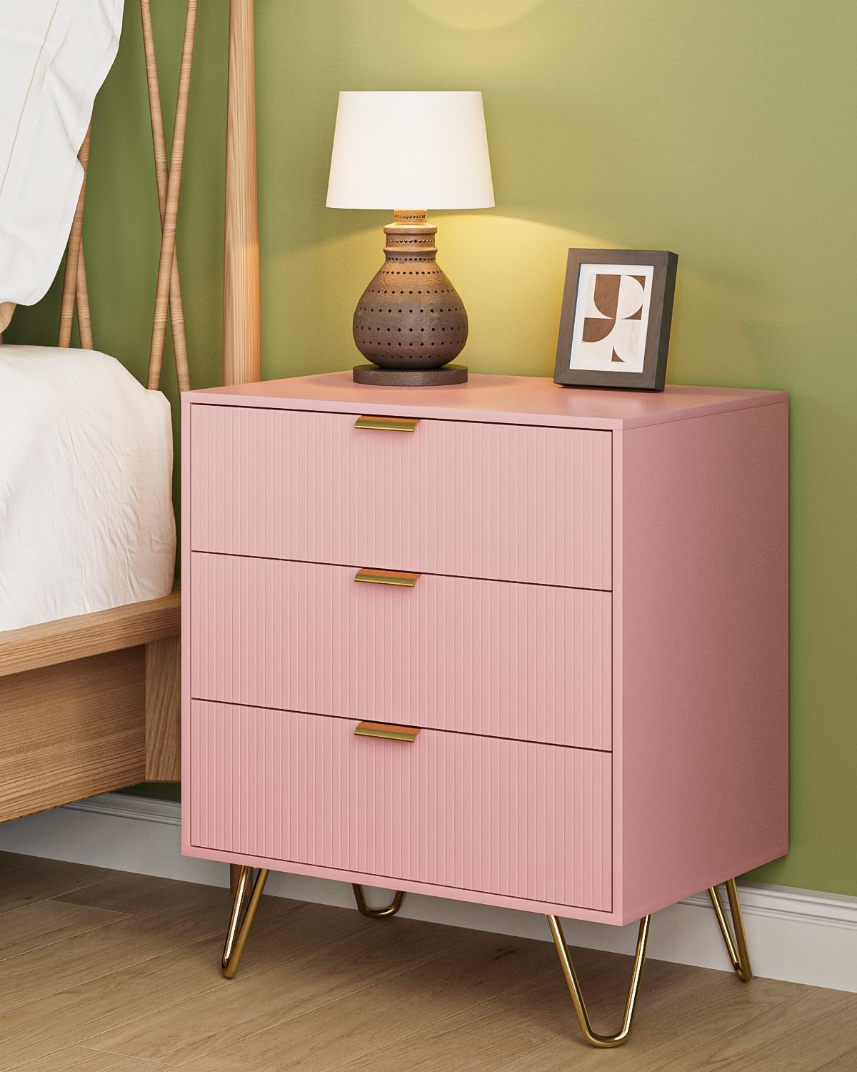 3 Drawer Dresser, Fluted Storage Drawer Chest with Anti-Tip Hardware, Larger Wider Modern Nightstand Bedside End Table, Small Dresser for Bedroom, Living Room, Pink