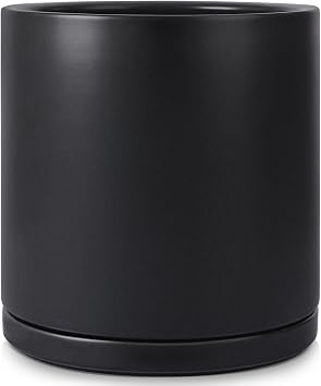 Kazeila 12 Inch Ceramic Planter Pot with Drainage Hole & Tray, Large Indoor Plant Pots, Modern Cylinder Flower Pot, Includes Mesh Net, Plug, Pads & 500g Clay Pebbles Black, 12 Inch