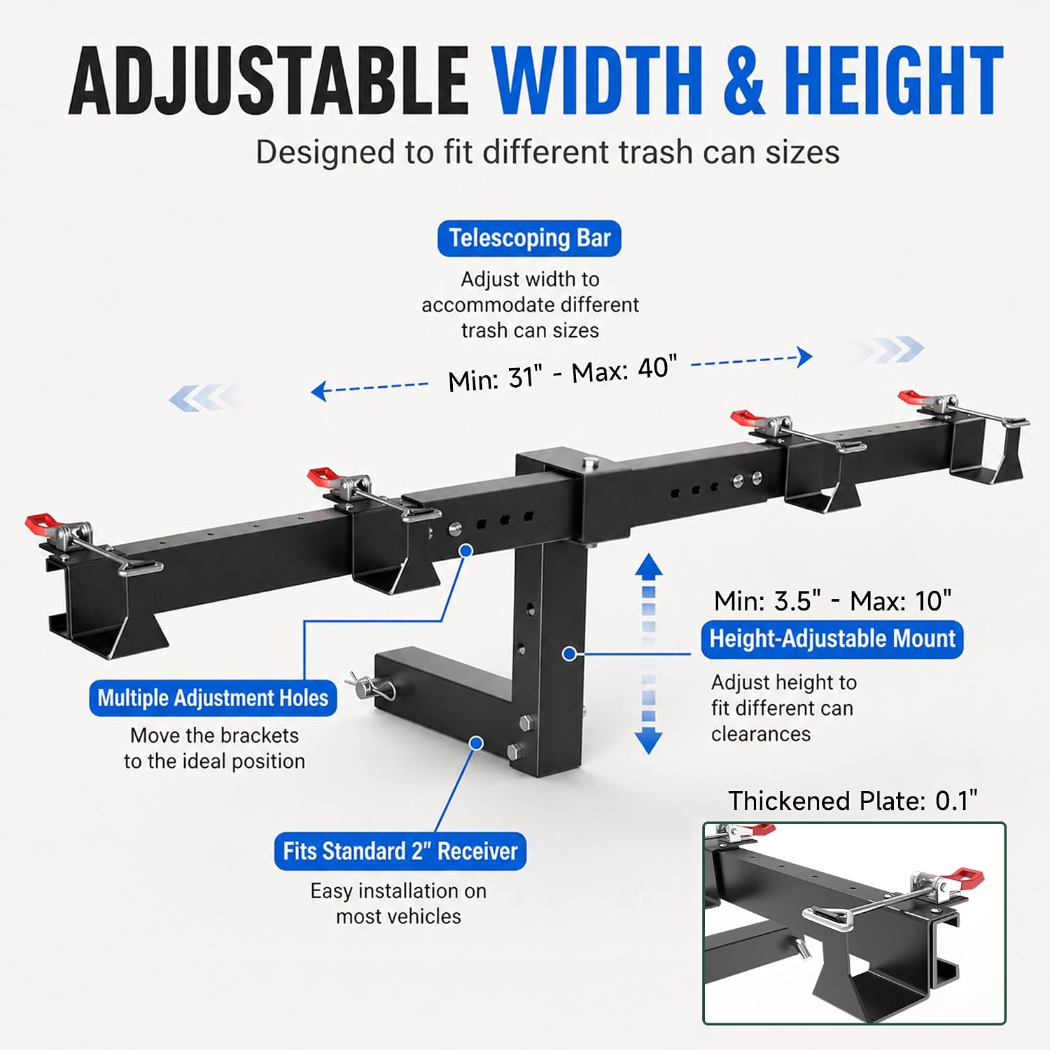 Dual Trash Can Hauler Hitch - Enhanced Thickness, Heavy Duty Steel Adjustable Garbage Can Towing Hitch with Lock Structure, Compatible with 2" Receivers for Pickup/UTV/ATV/SUV/Lawn Tractor