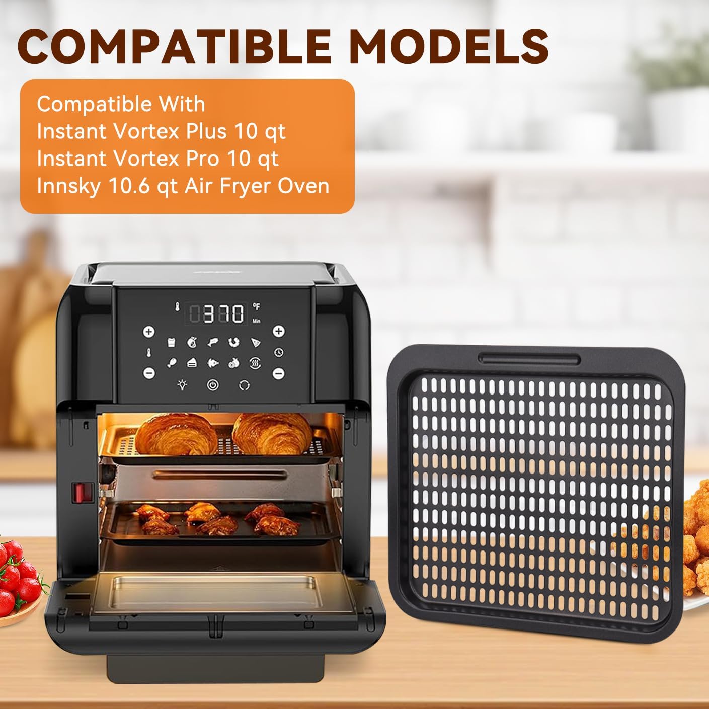 10 Qt Cooking Tray for Instant Vortex Plus10 Quart Air Fryer, 3 PCS Replacement Tray for Innsky 10.6 Qt Oven, Food Grade Nonstick Cooking Rack Parts Grill Pan Crisper Plate Accessories Dishwasher Safe