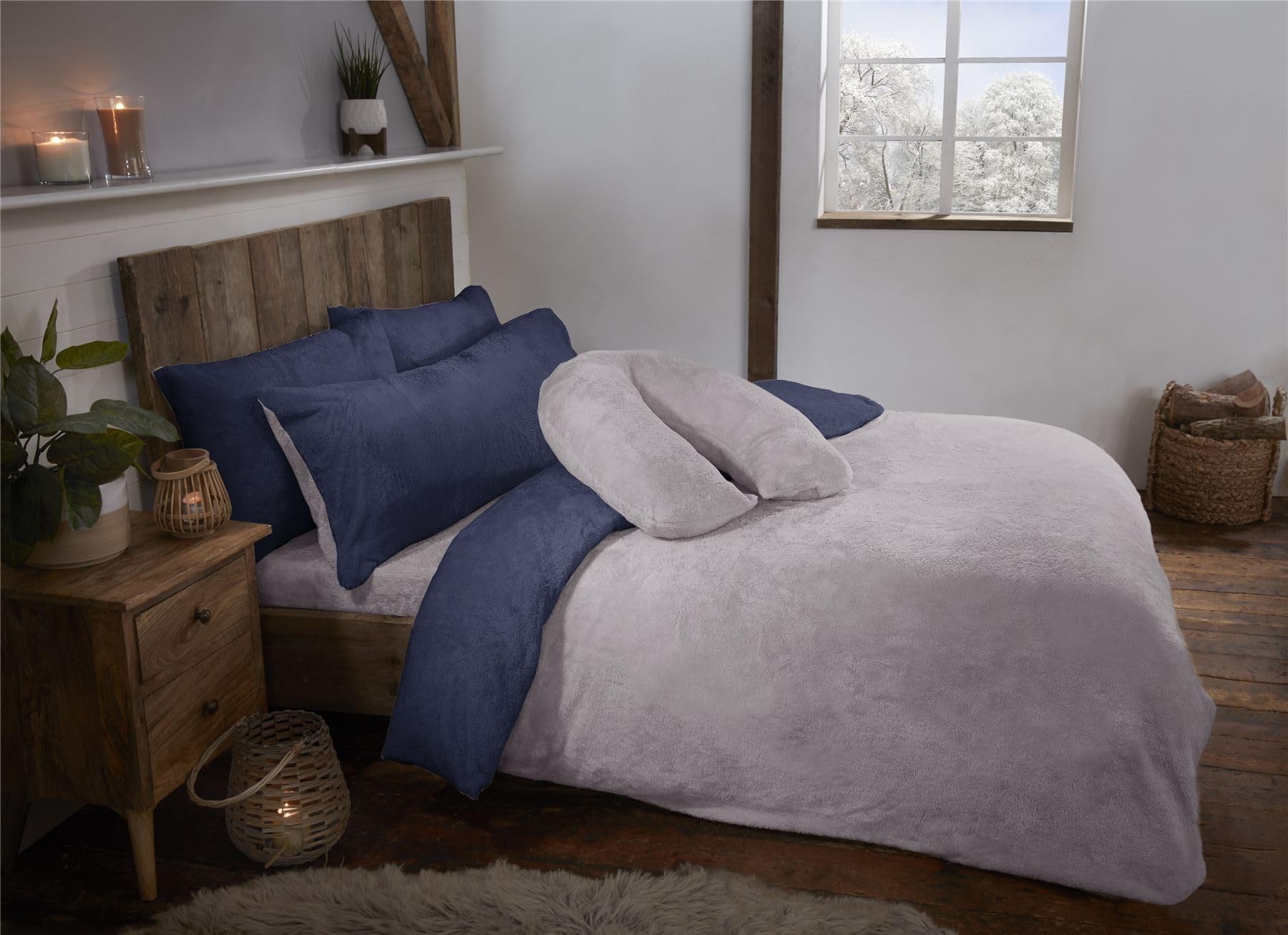 Littens Luxury Navy Blue & Silver Grey Reversible Teddy Fleece Fur Soft Cosy Double Bed Size Duvet Quilt Cover Set Including Pillowcases, Thermal Warm, Energy Efficient (200cm x 200cm) โ image 1