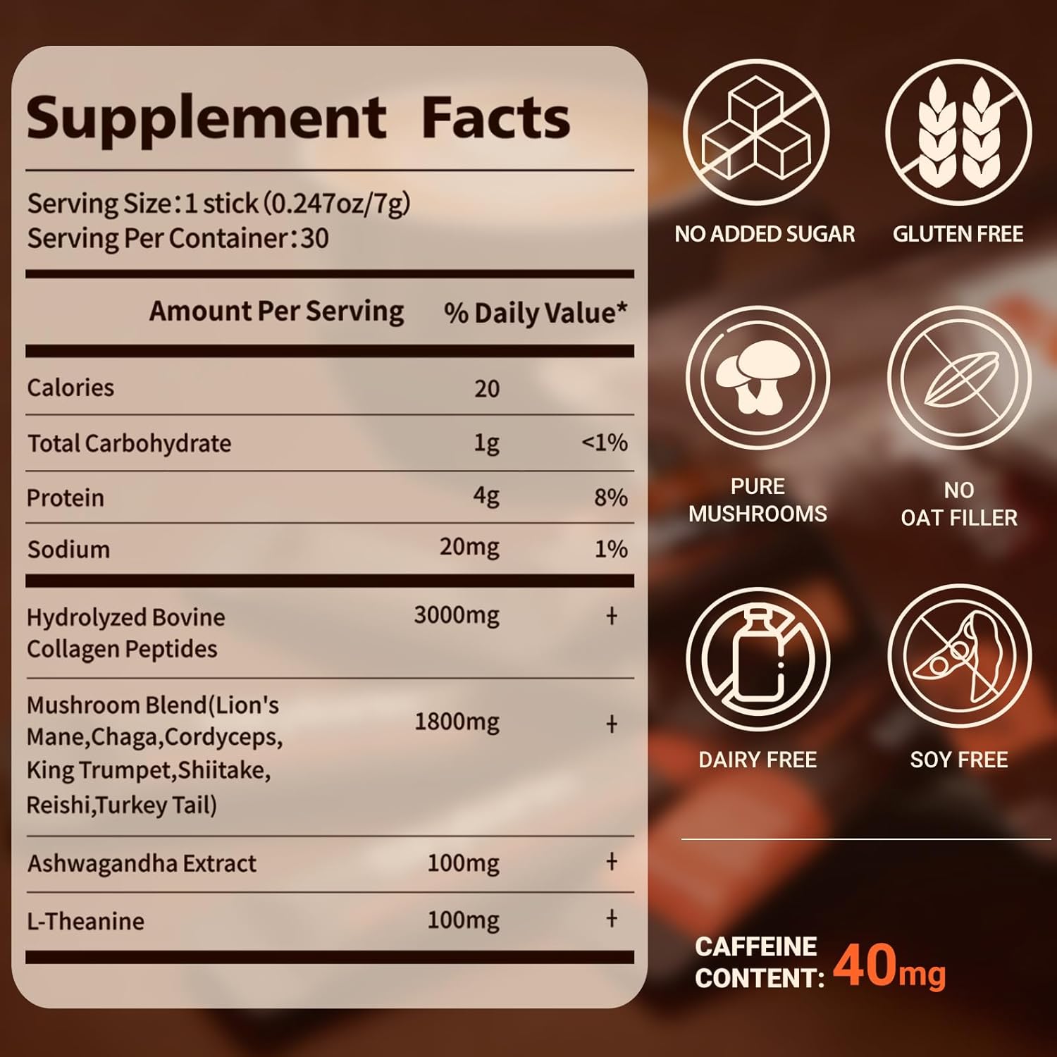 Skylorin 30 Sticks Instant Mushroom Coffee Powder - 3000mg Hydrolyzed Collagen & 7 Adaptogens Mushroom| Focus & Clarity, Immune & Skin Support, Ashwagandha & L-Theanine - Low Caffeine, No Jitters