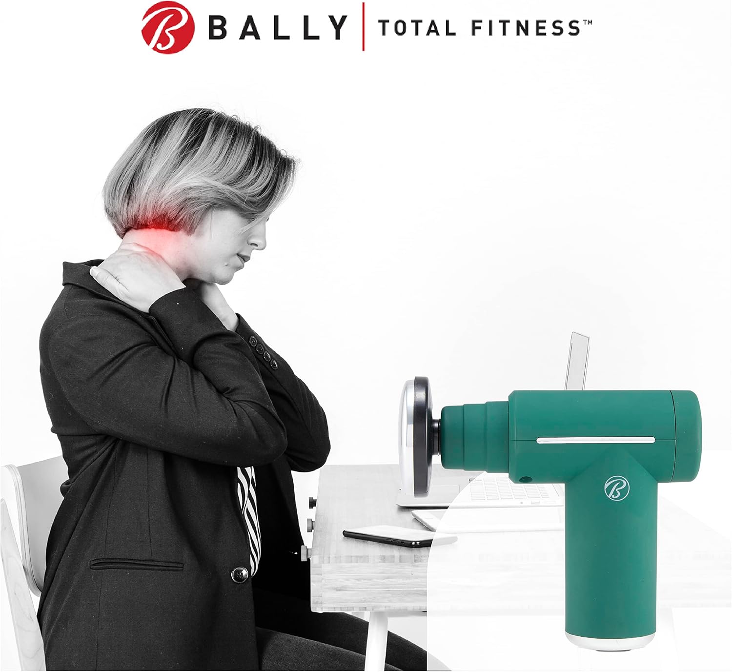 Person using the BALLY Recovery Massage Gun on their neck while sitting at a desk.