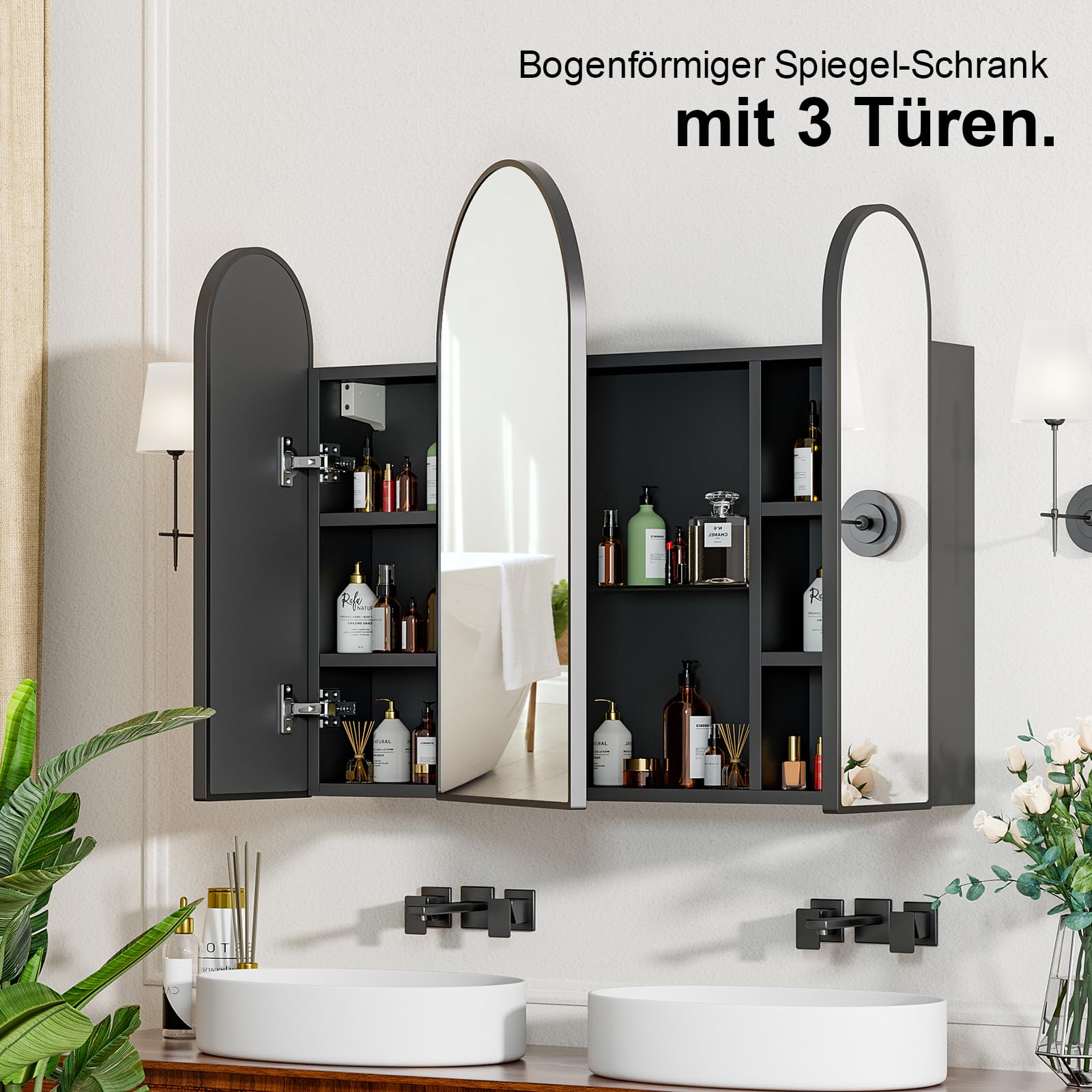 KEEPREAPER Spiegelschrank Bogen, Badezimmerschrank mit 2 Spiegel Arched, Badschrank hängend mit 3 Ablagen und 2 Tür für Badezimmer modern,61x12x70cm (schwarz mit 3 Türe)