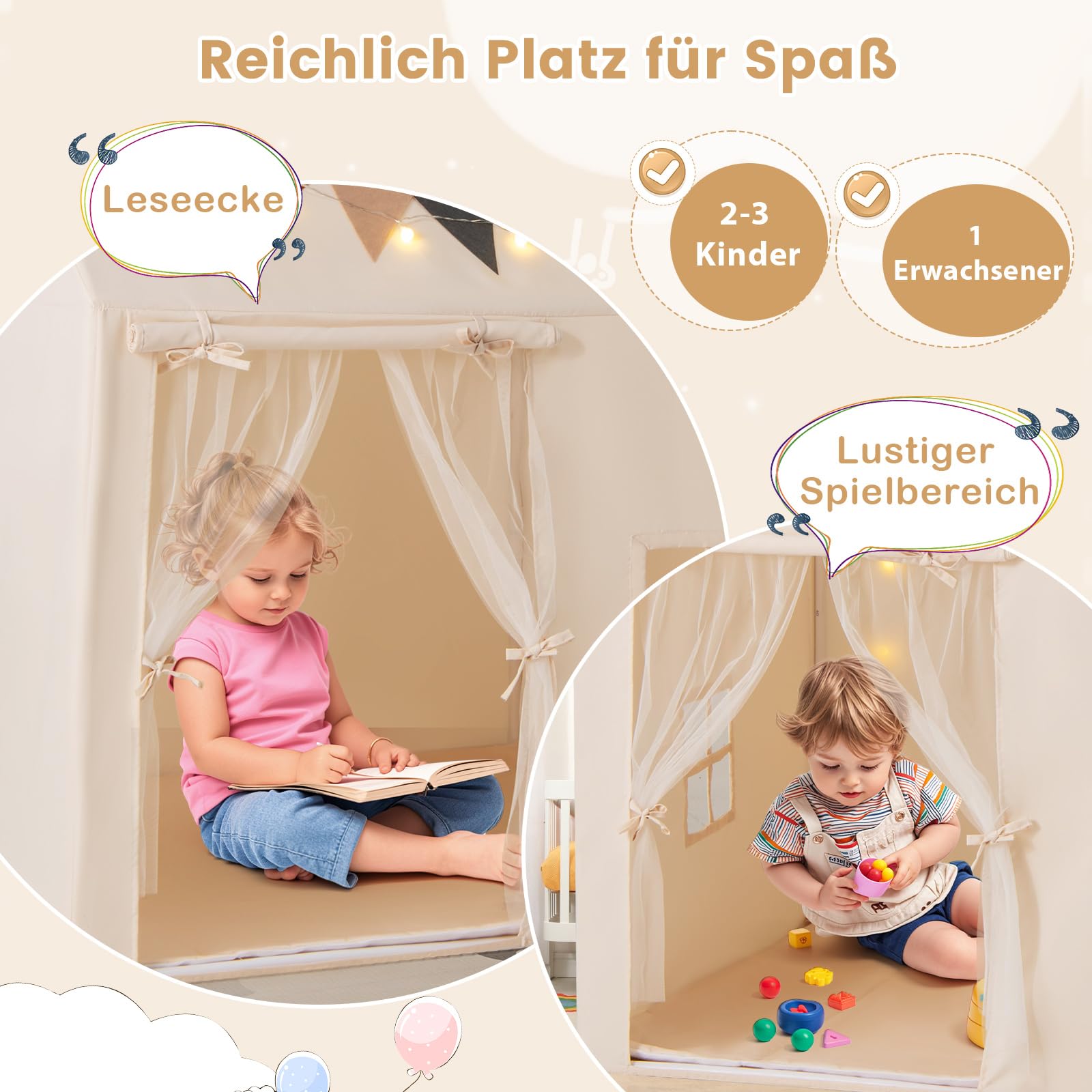 COSTWAY Kinderzelt für Drinnen, Spielhaus Kinder Indoor mit rutschfeste Matte & Lichterketten & Flaggen, Spielzelt Kinderzimmer Zelt für Kinder ab 3 Jahren